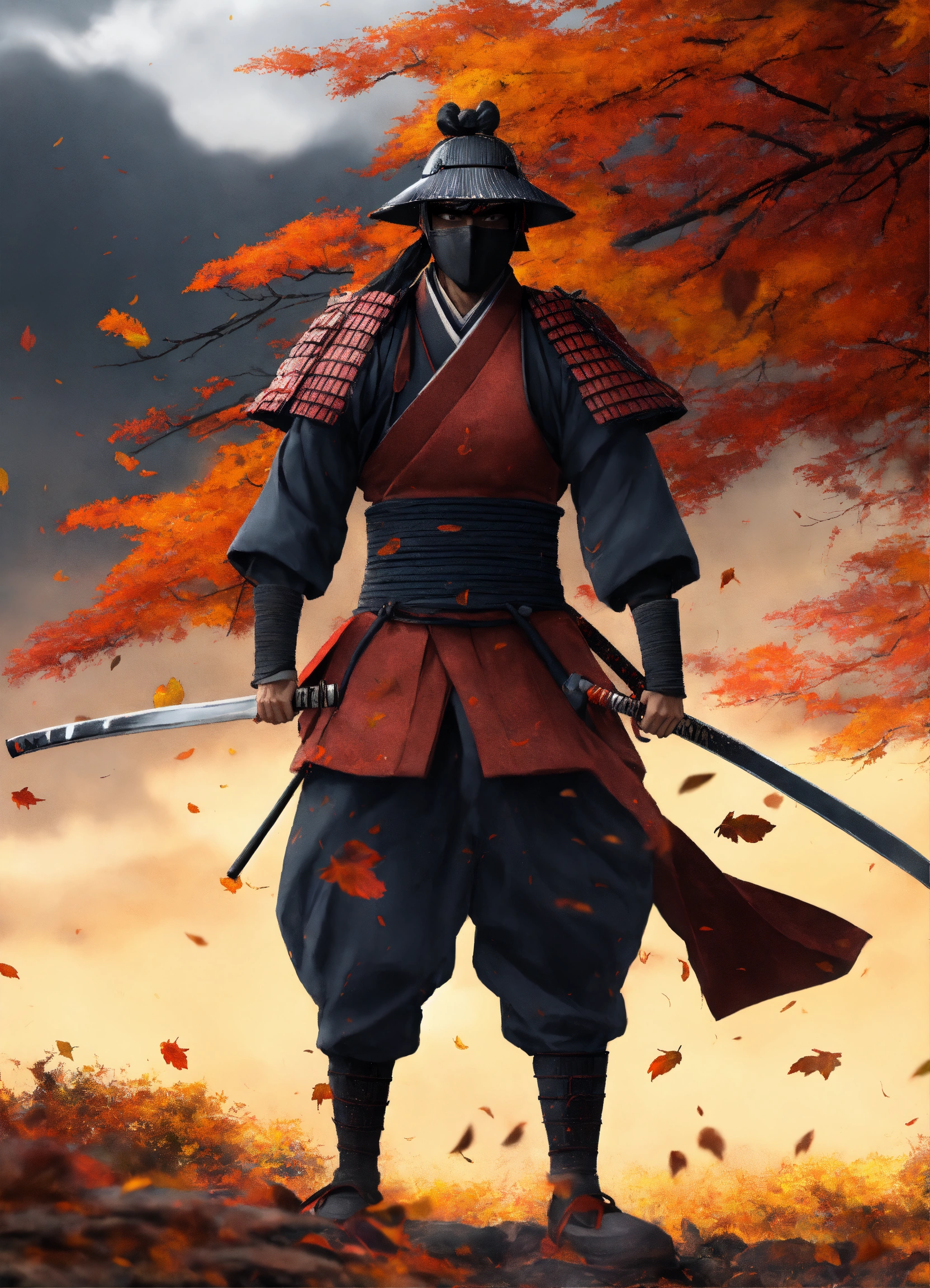 Lexica - Animated. Samurai with black mask. Standing in an autumn storm.