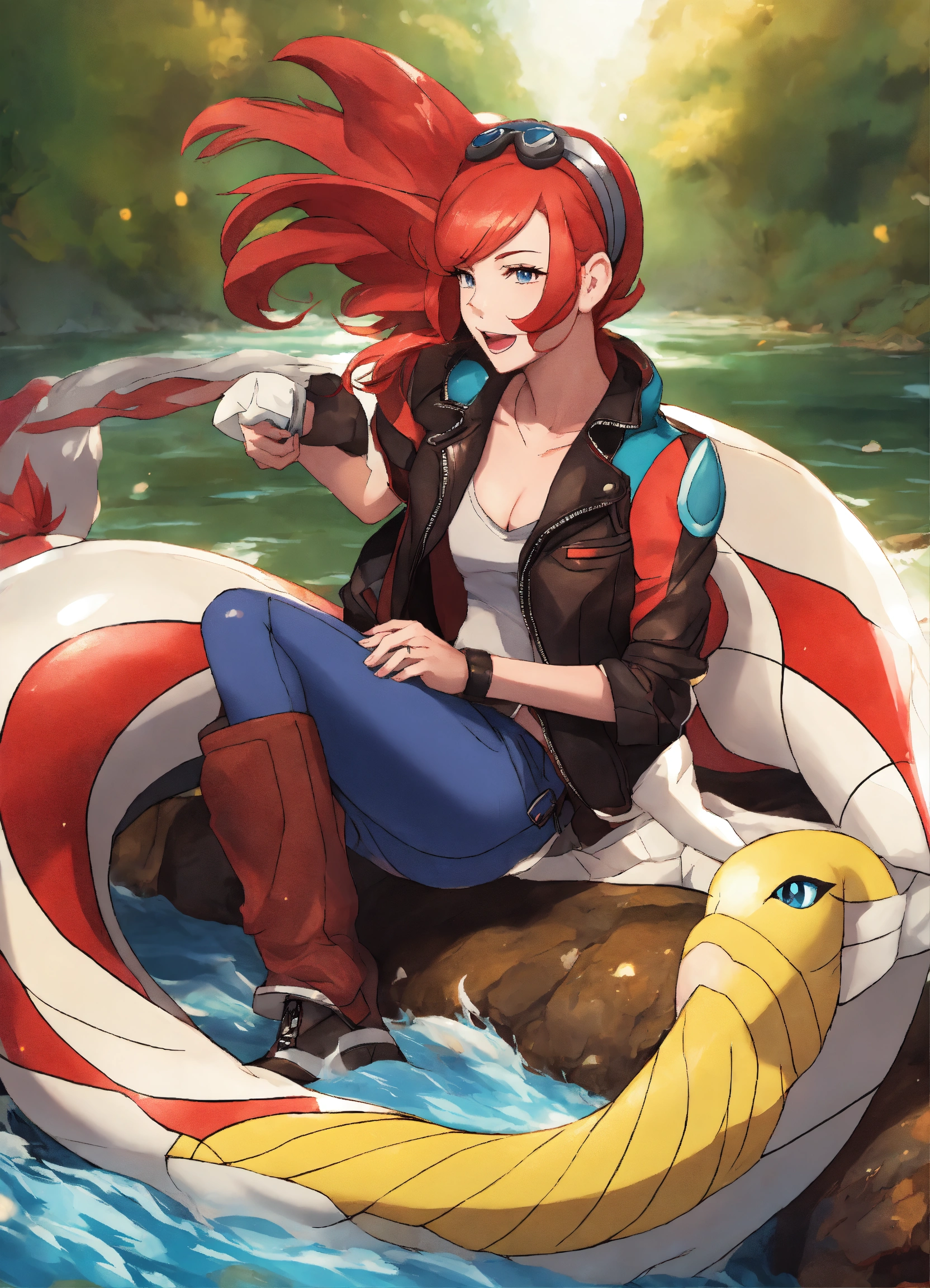 Lexica - Female redhead pokemon trainer in leather jacket riding ...
