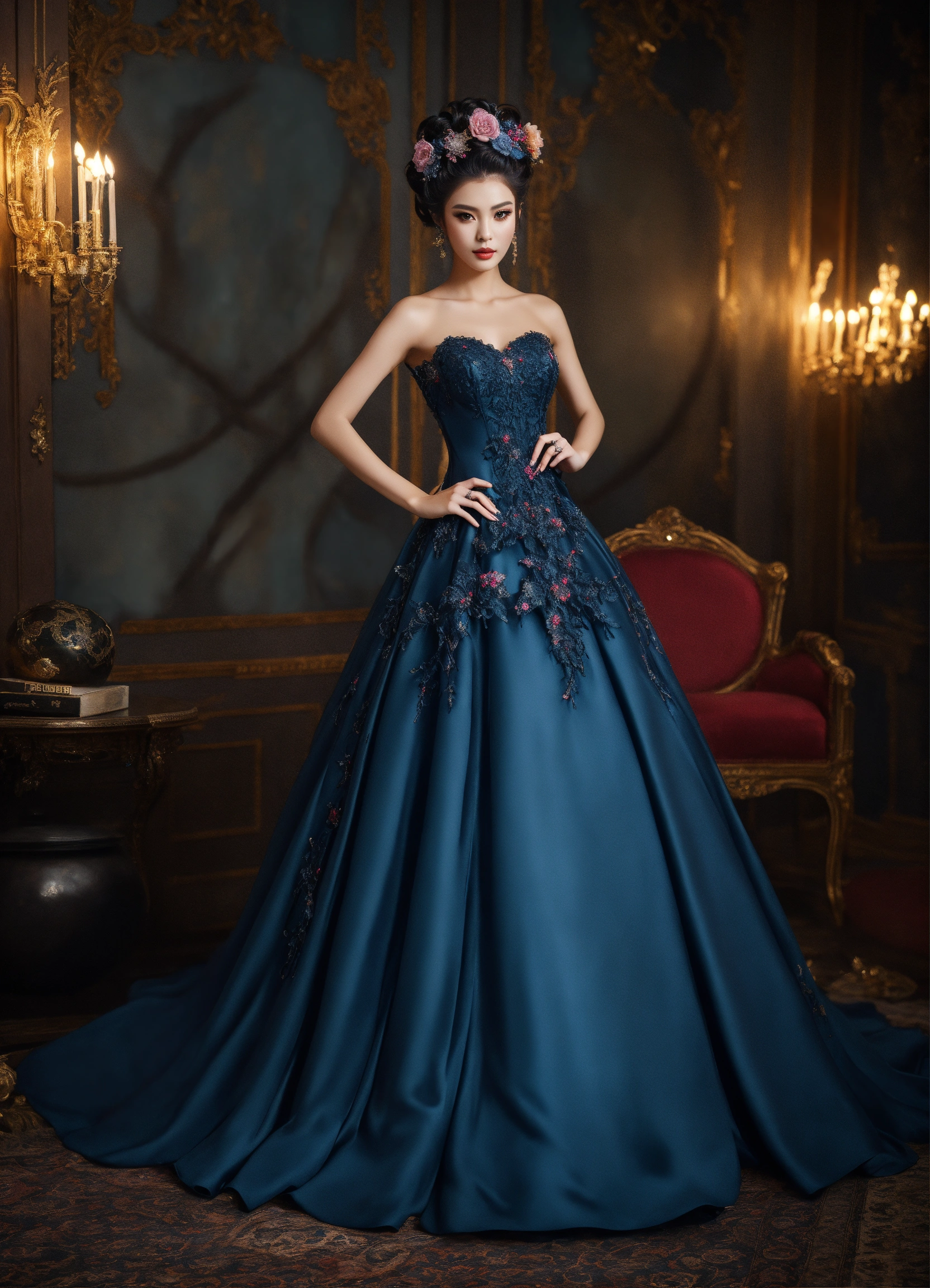 Lexica - JiU extravagant dark fantasy style ball gown with fancy hairstyle