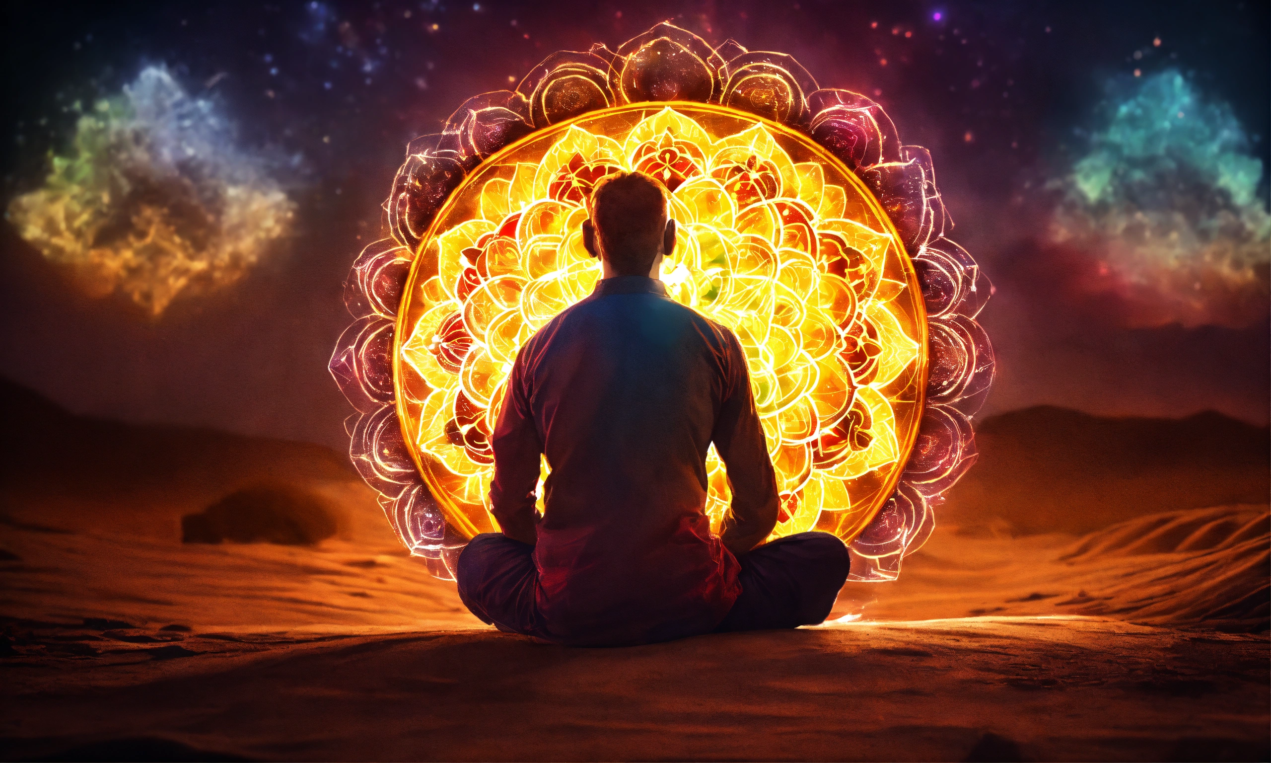 Lexica - Man sitting, chakras lit up, 4k, high resolution, photo quality