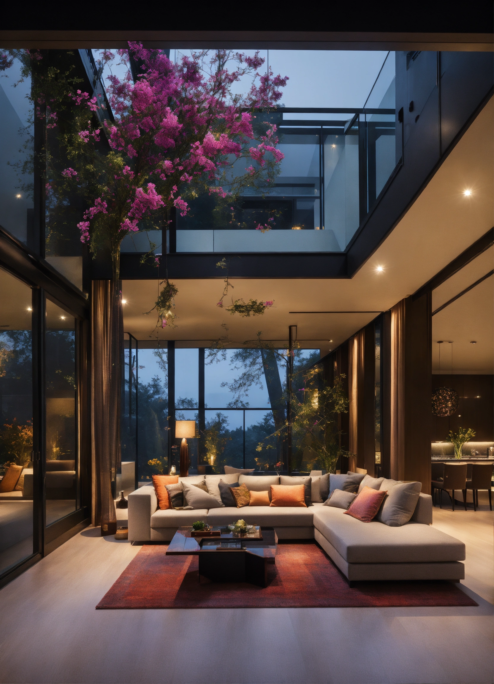 Lexica - Dimly lit upscale greatroom. with floor to celing windows with ...