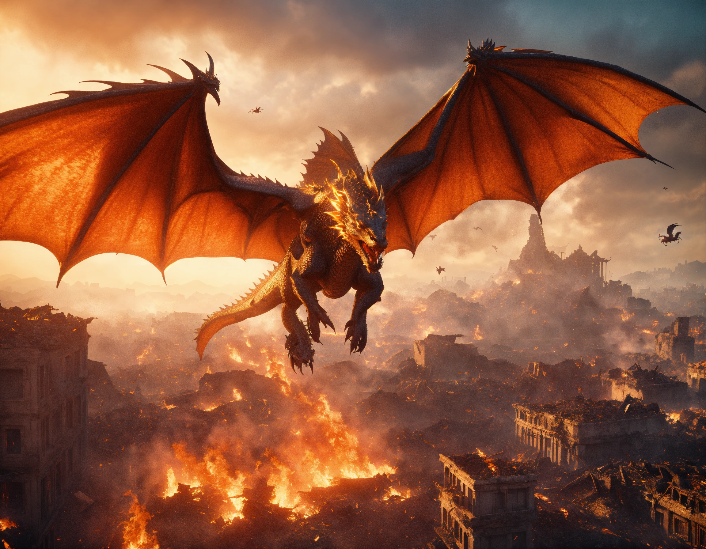 Lexica - A handsome avatar is flying with his dragon over the destroyed ...