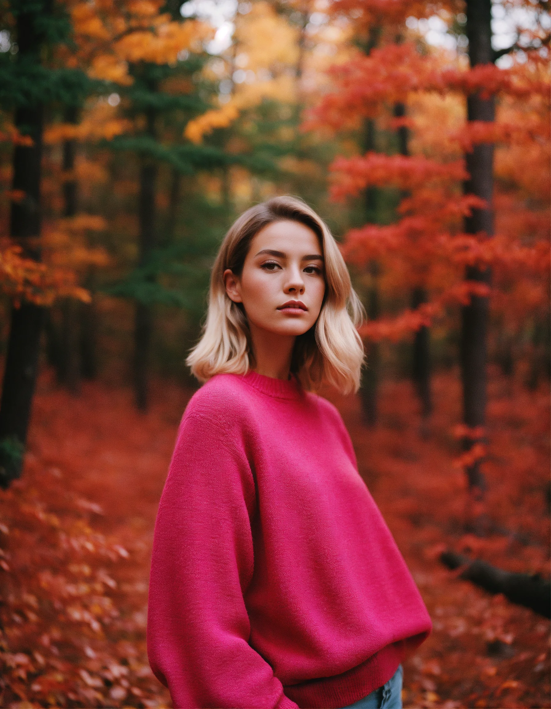 Elegant Minimalistic Photography, 1990s, (perfect) Model wearing a pink jumper, Red Autumn Forest Background, Natural Lighting, chaos, minimalist, close-up portrait photo, (shot on Portra 400).