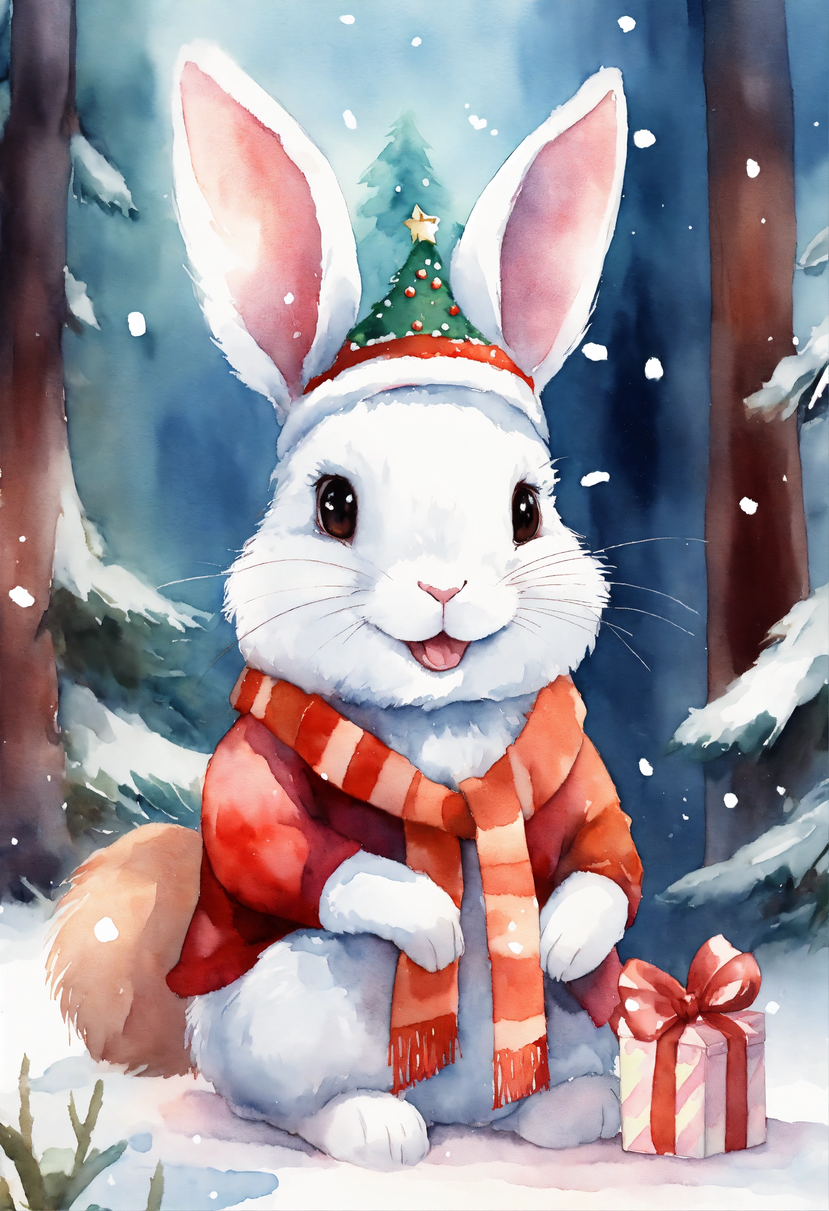 Lexica - A cute happy rabbit in forest with Christmas hat , presents ...