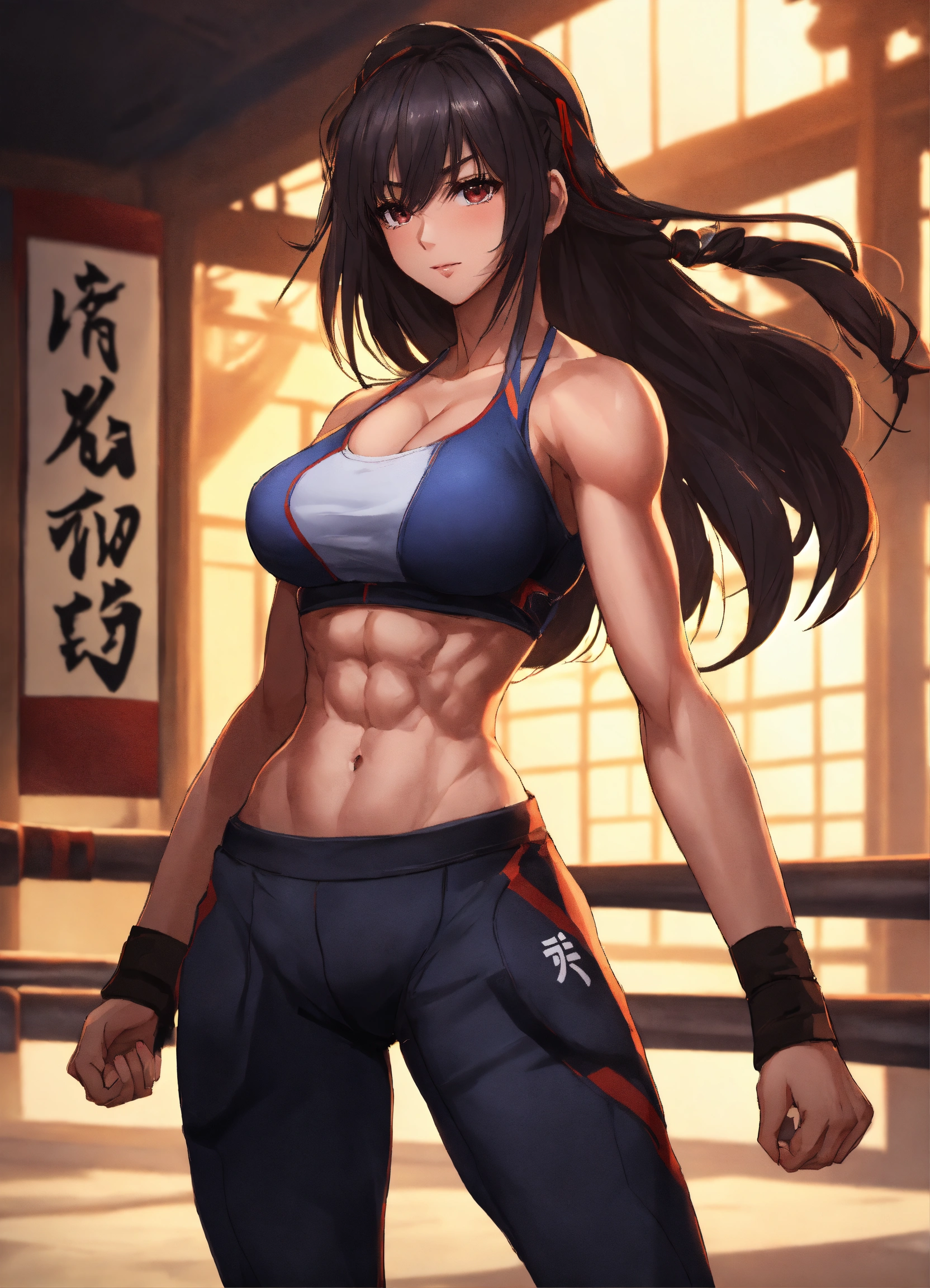 Lexica Anime Beautiful Dark Hair Jiu Jistsu Girl Muscles Fighter Full Body In Dojo With Strong Abs