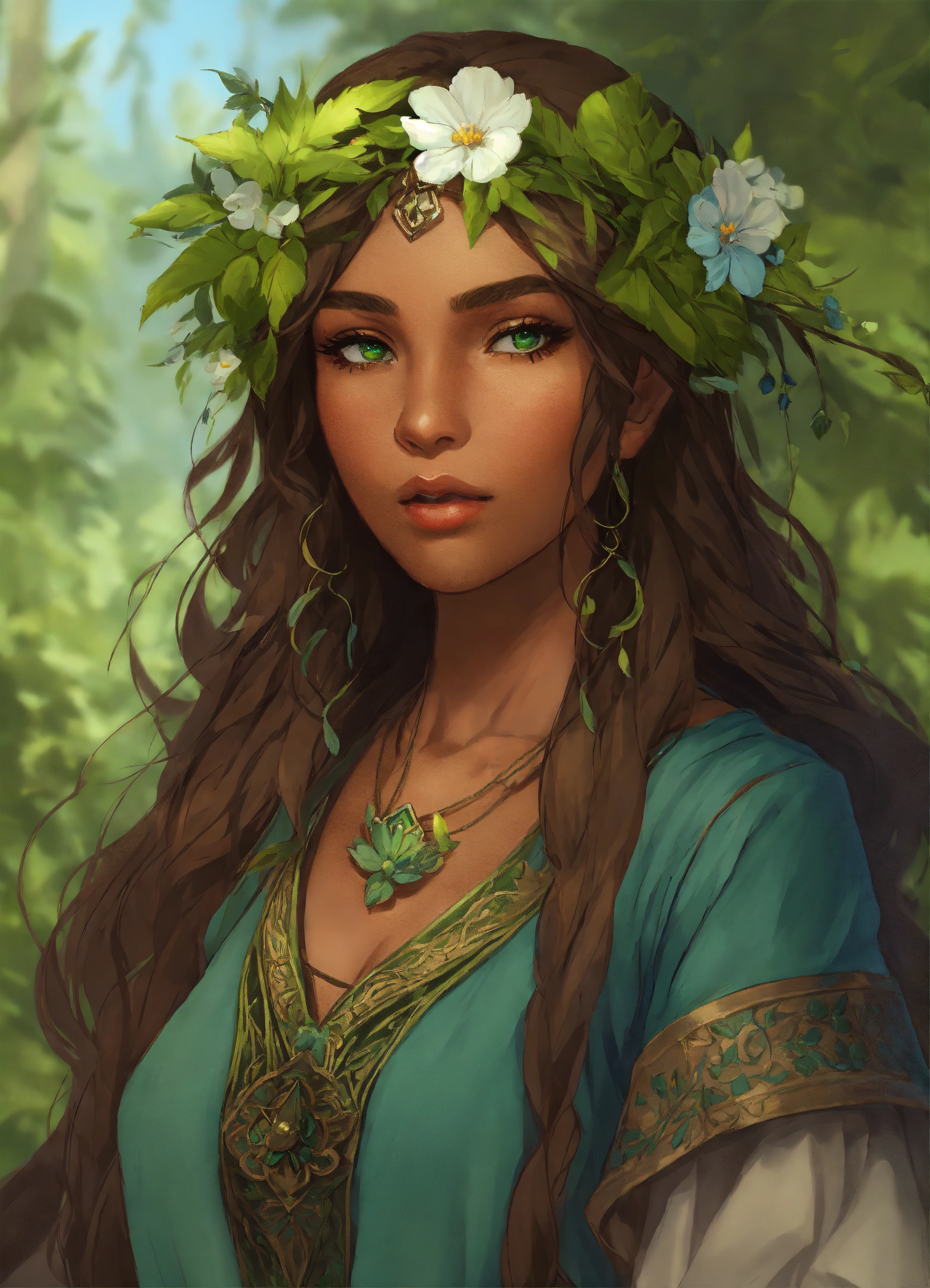 Lexica - Elven woman wearing green and blue peasant clothes, long brown ...