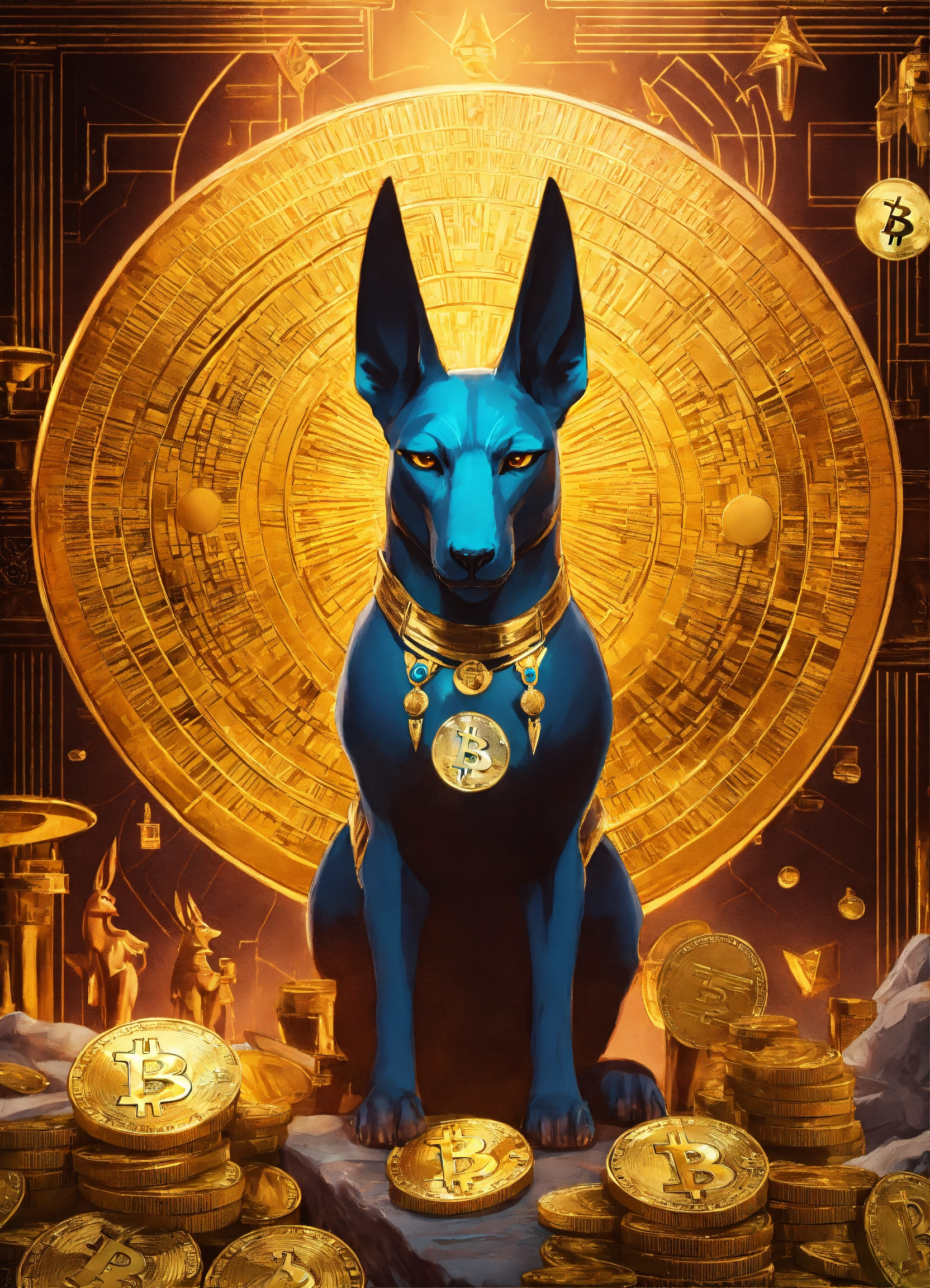 Lexica - Advertising poster of Anubis, surrounded by cryptocurrency
