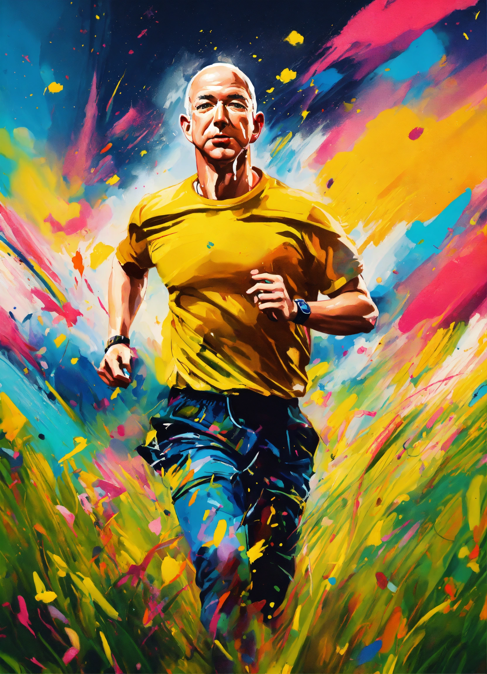 Lexica - A painting of 'Jeff Bezos' running with t-shirt in a field ...