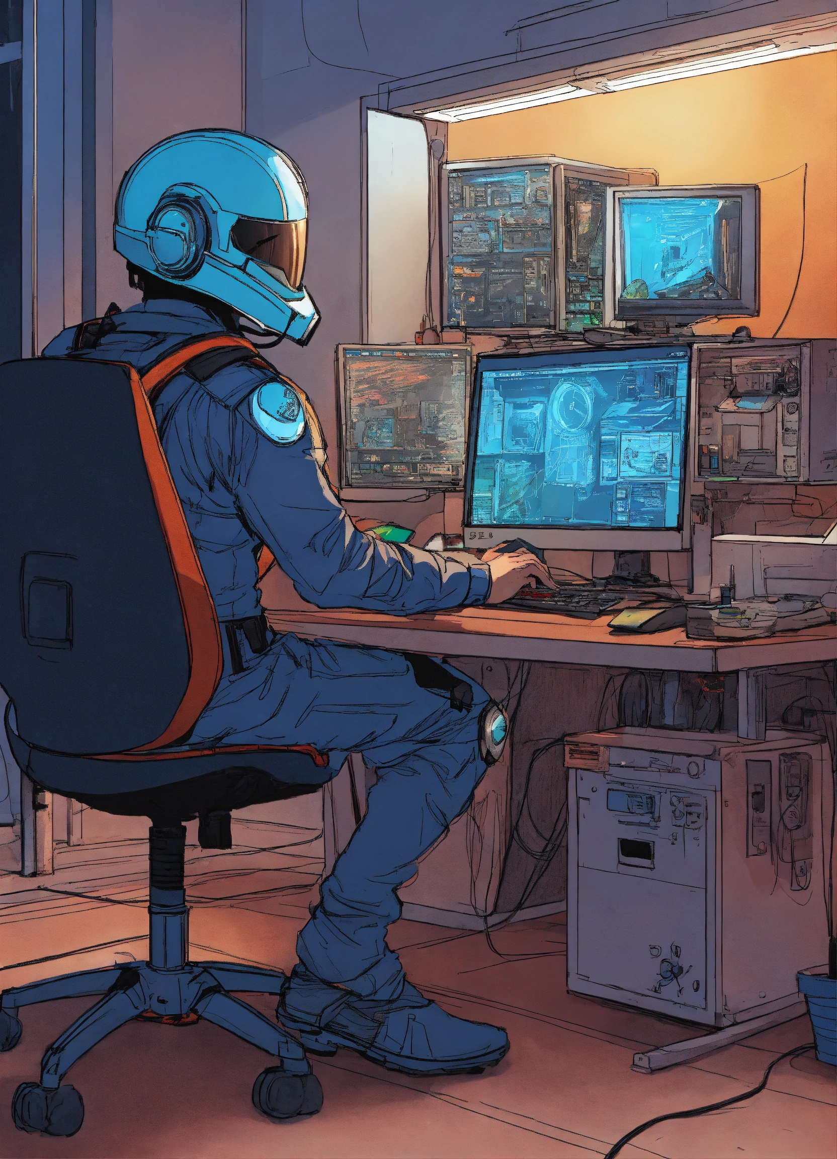 Lexica - A comic drawing Man sitting in front of a computer with a ...