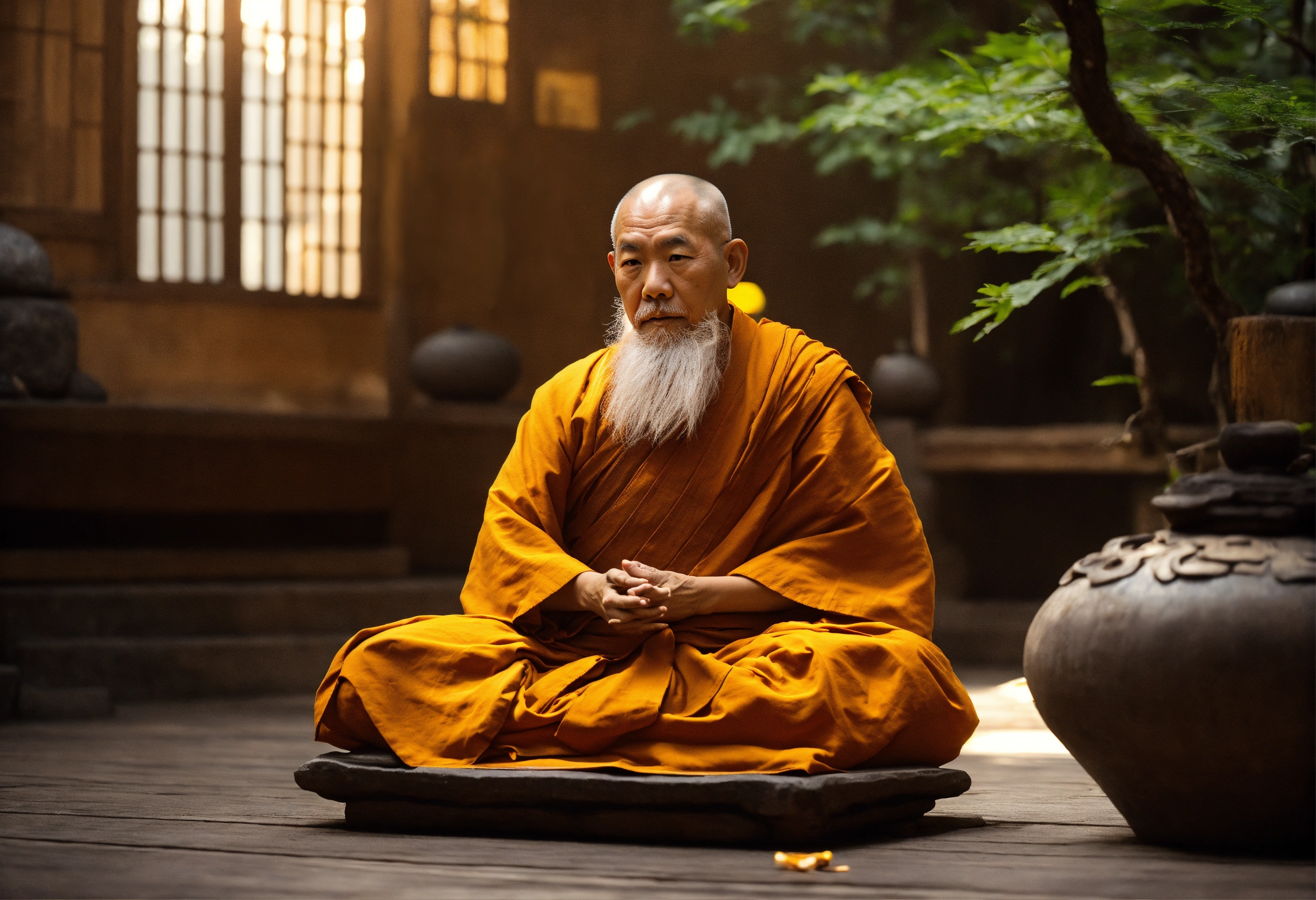 Lexica - Wise zen monk with white beard sitting in meditation