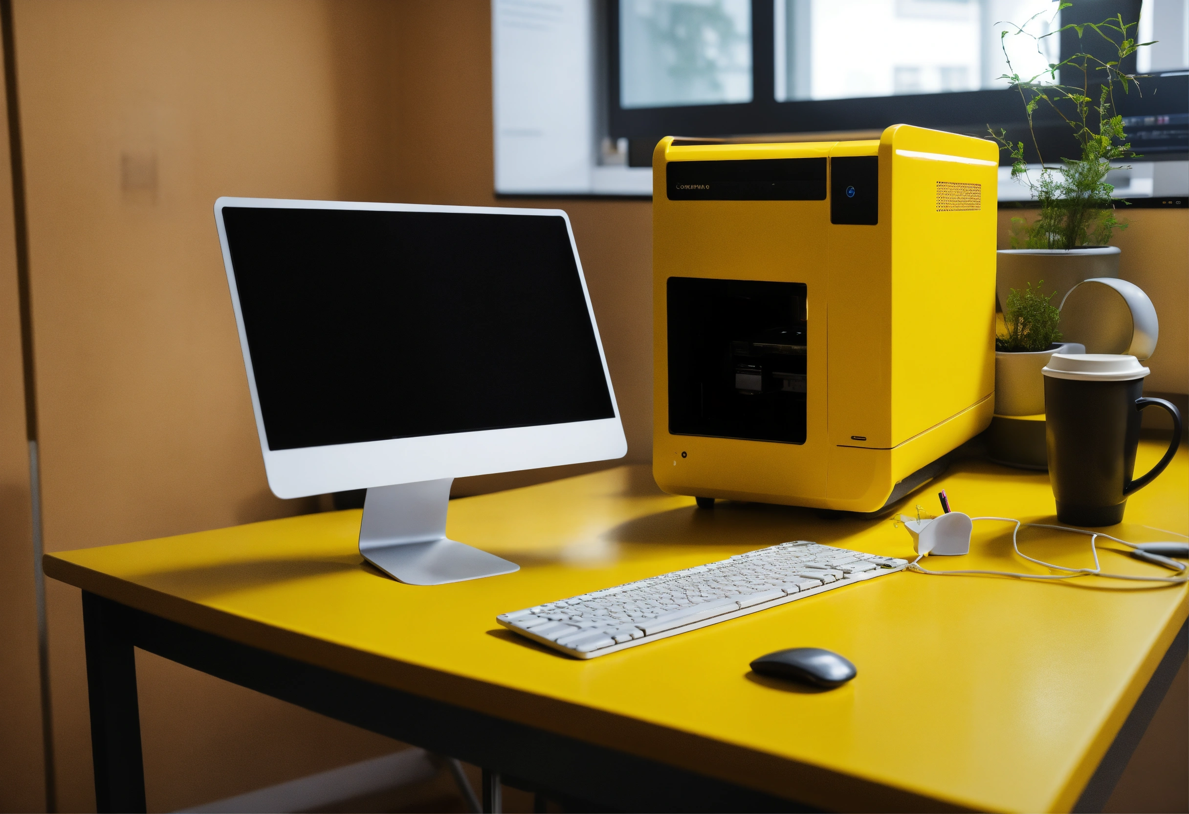 Lexica - Yellow computer on a table in the office. Next to the computer ...
