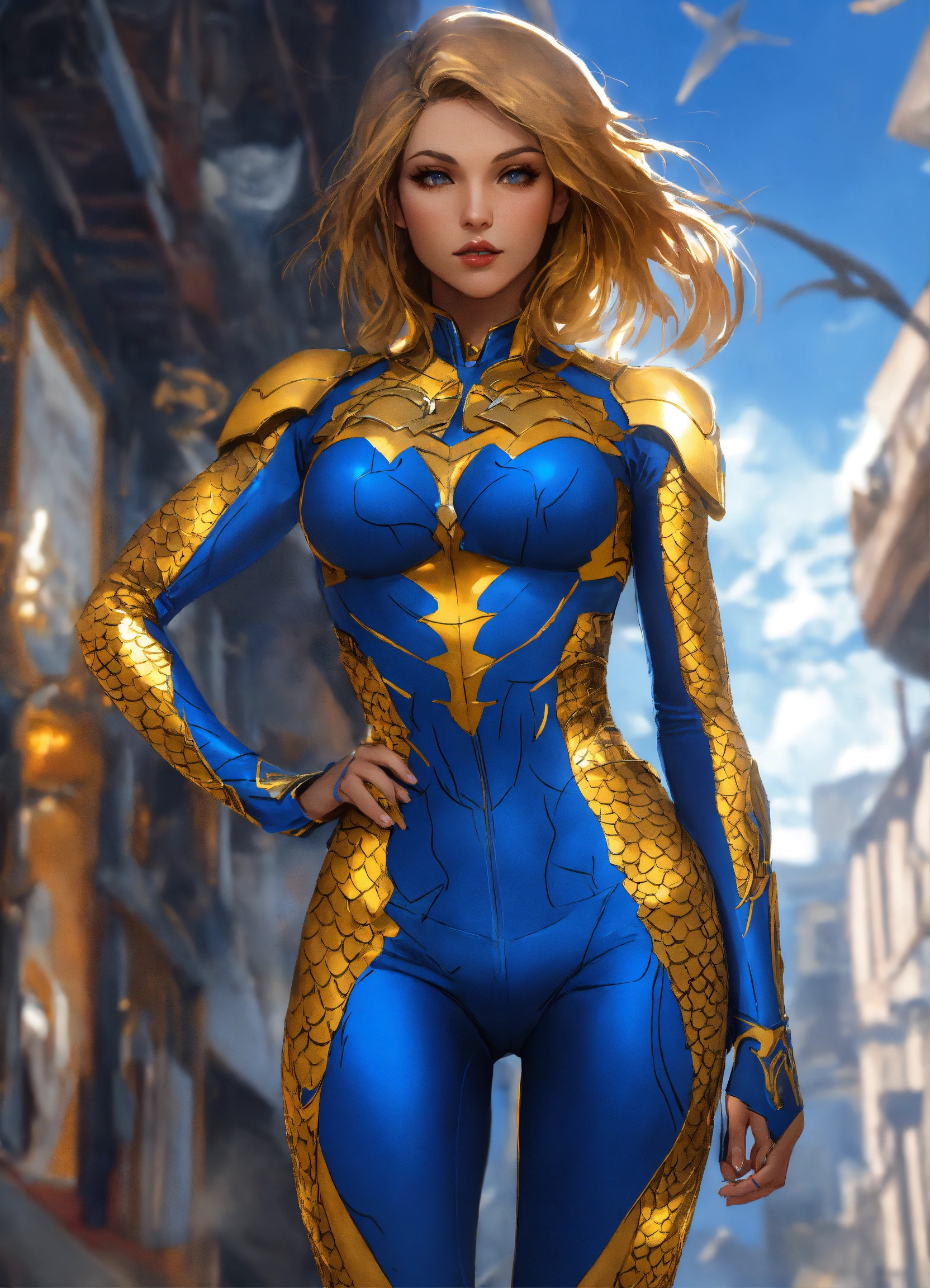 Lexica - Beautiful super hero woman wearing tight blue and gold clothes ...