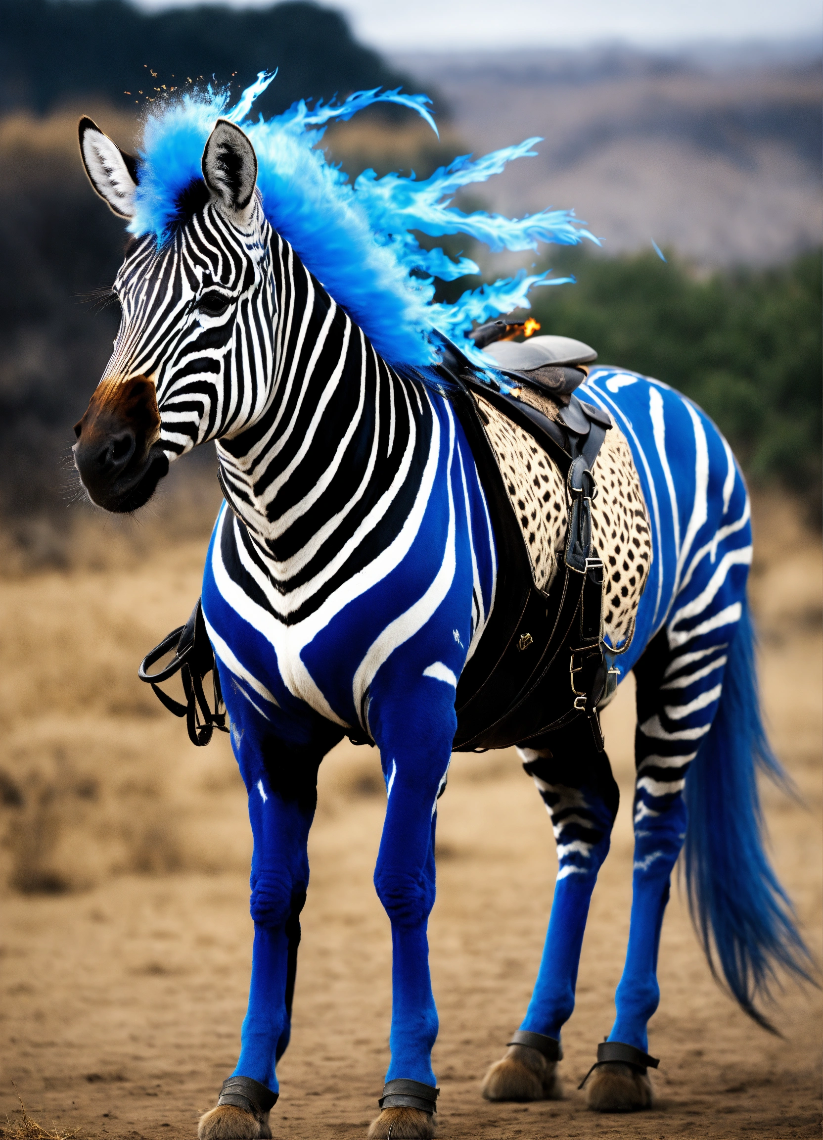 Lexica - Zebra with riding gear, with a mane and tail of blue flame