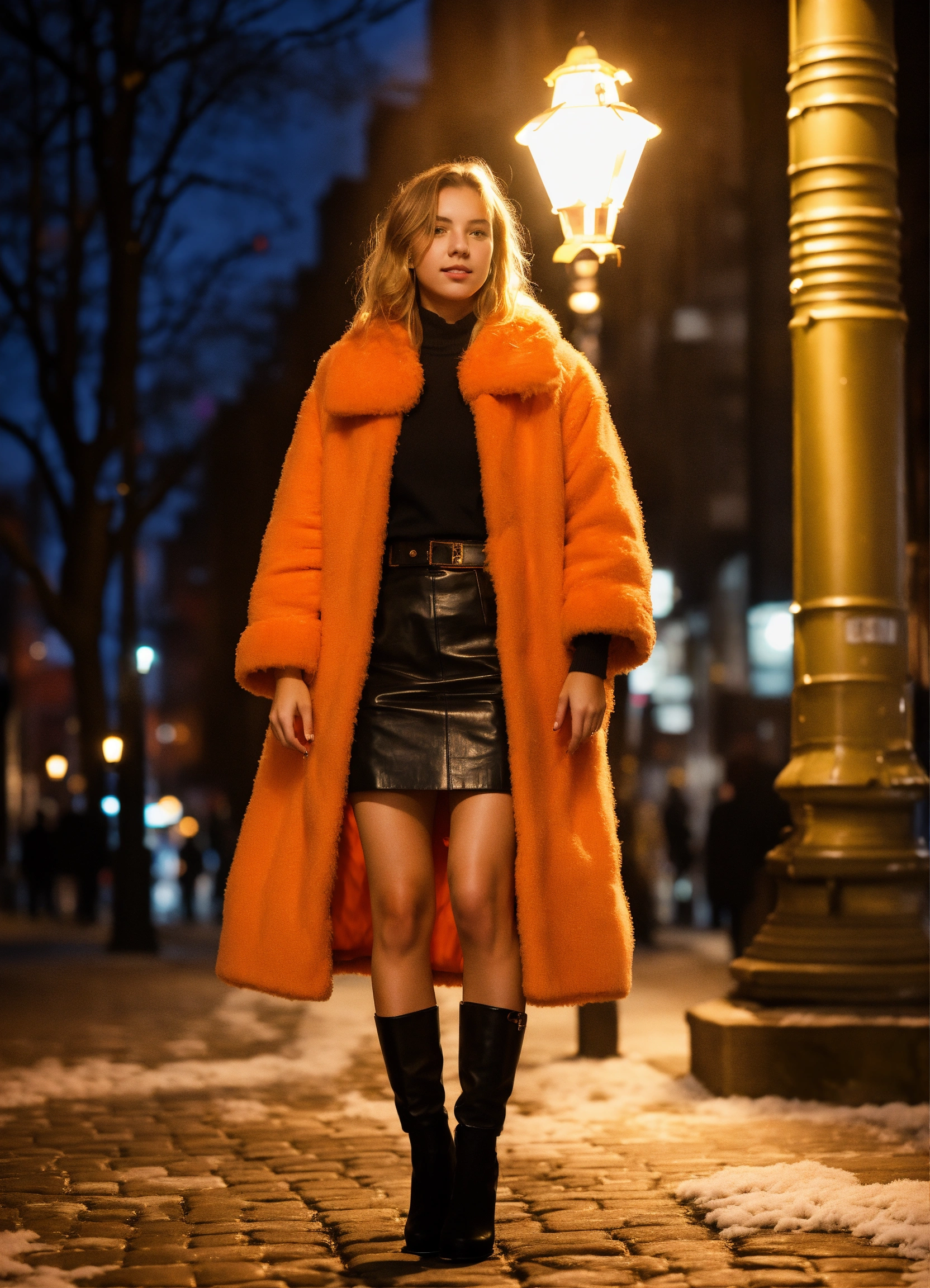 Lexica A real photo of a 21 year old Dutch girl wearing short very fluffy bright orange coat and a black leather skirt. She stands under a street