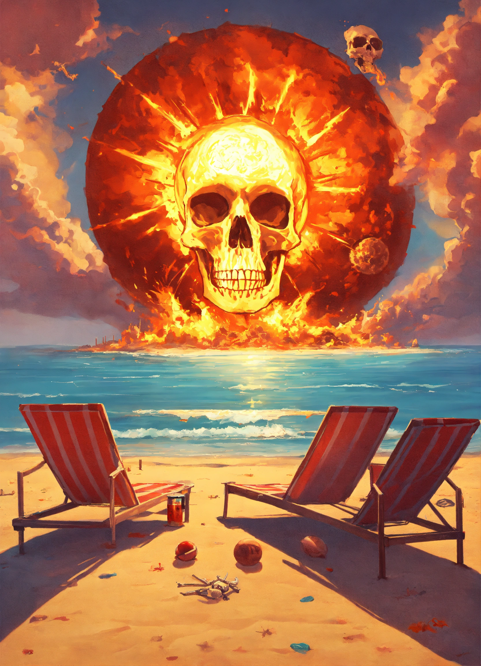 Lexica - Beach, a skeleton lies on a sun lounger, a large nuclear ...