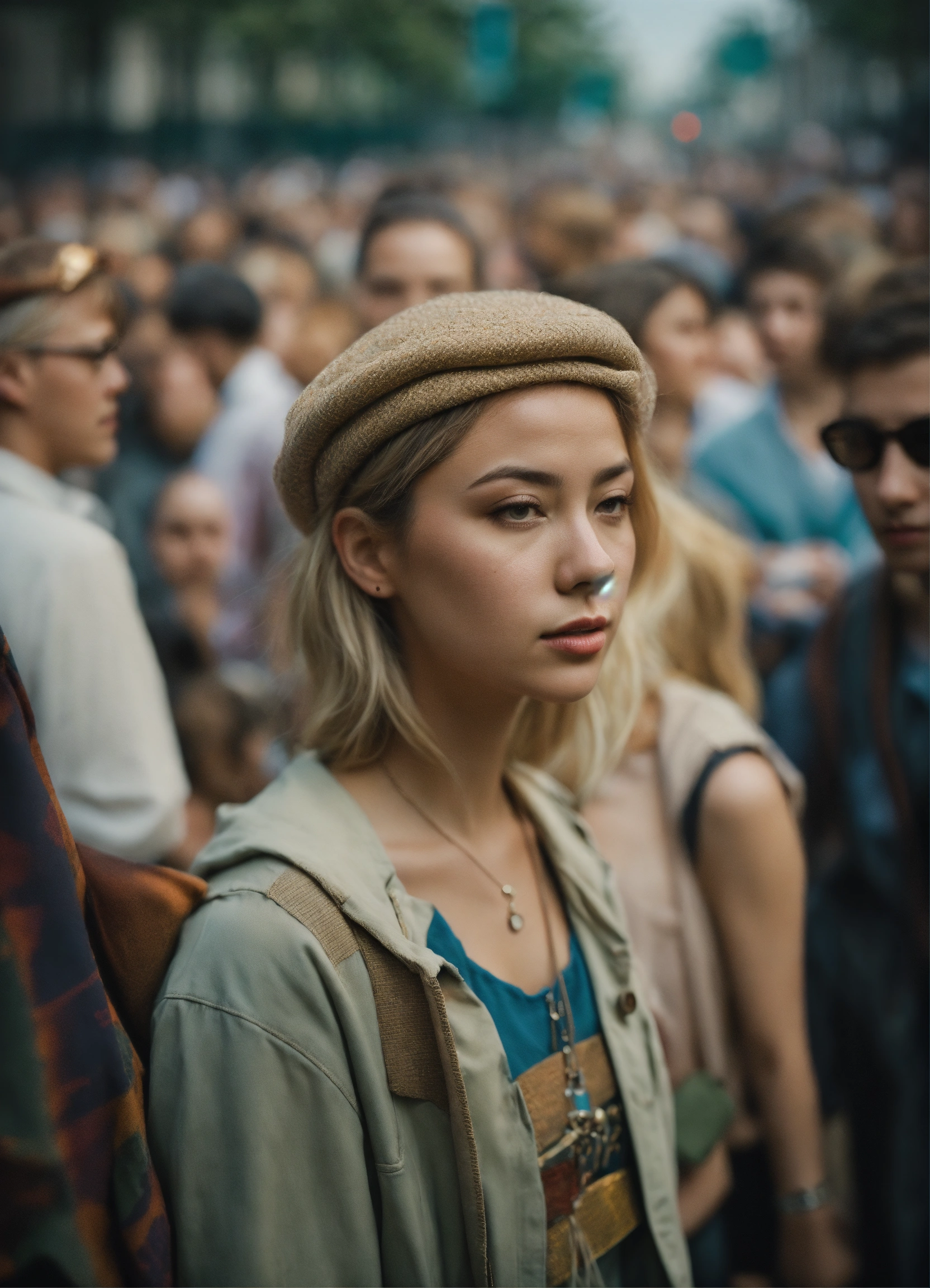 Lexica Muted portrait photography from the waist up titled "Lost in the Crowd", muted palette