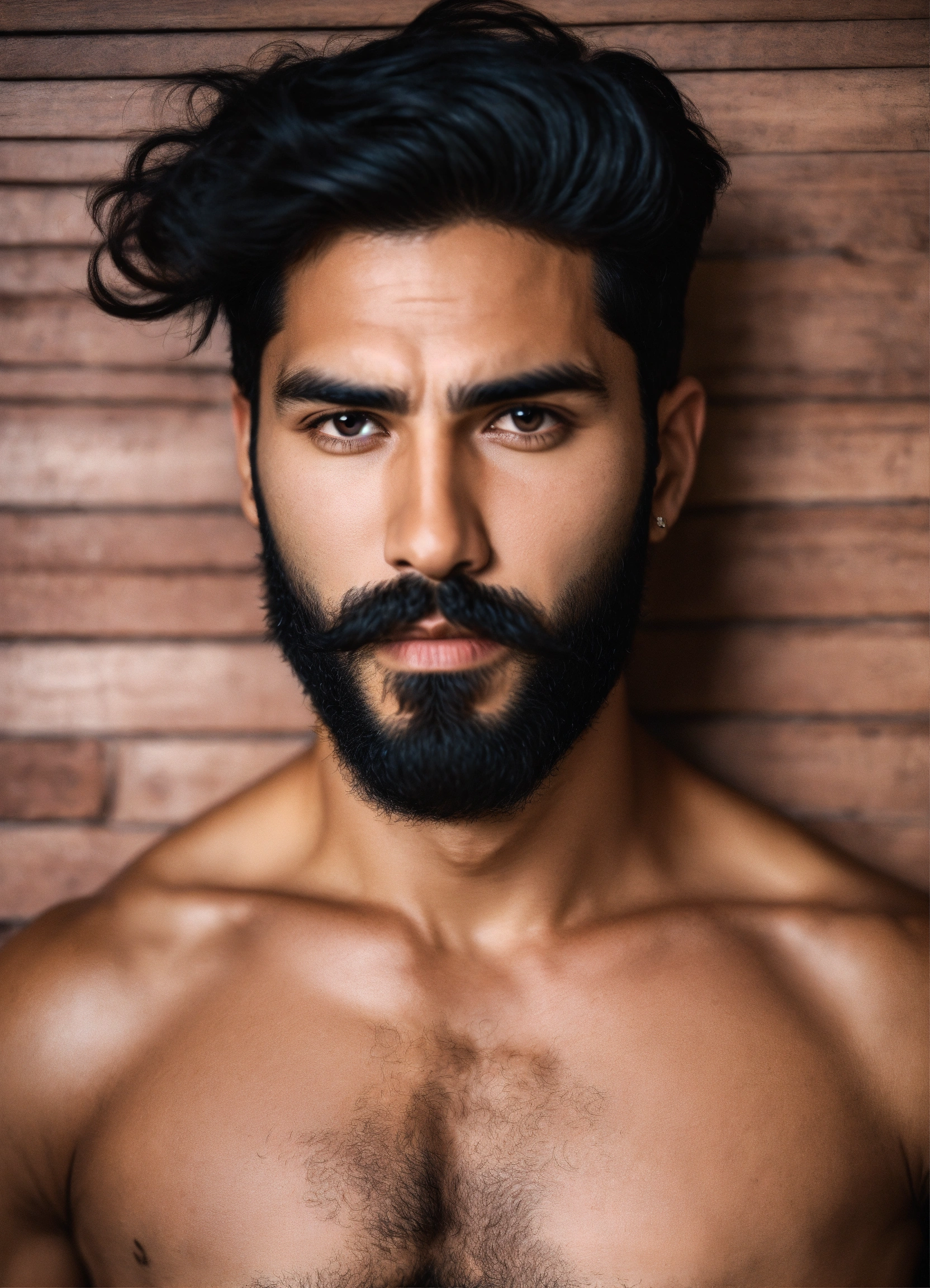 Lexica - Handsome Mexican man, black hair, dark brown eyes, full beard,  hairy chest