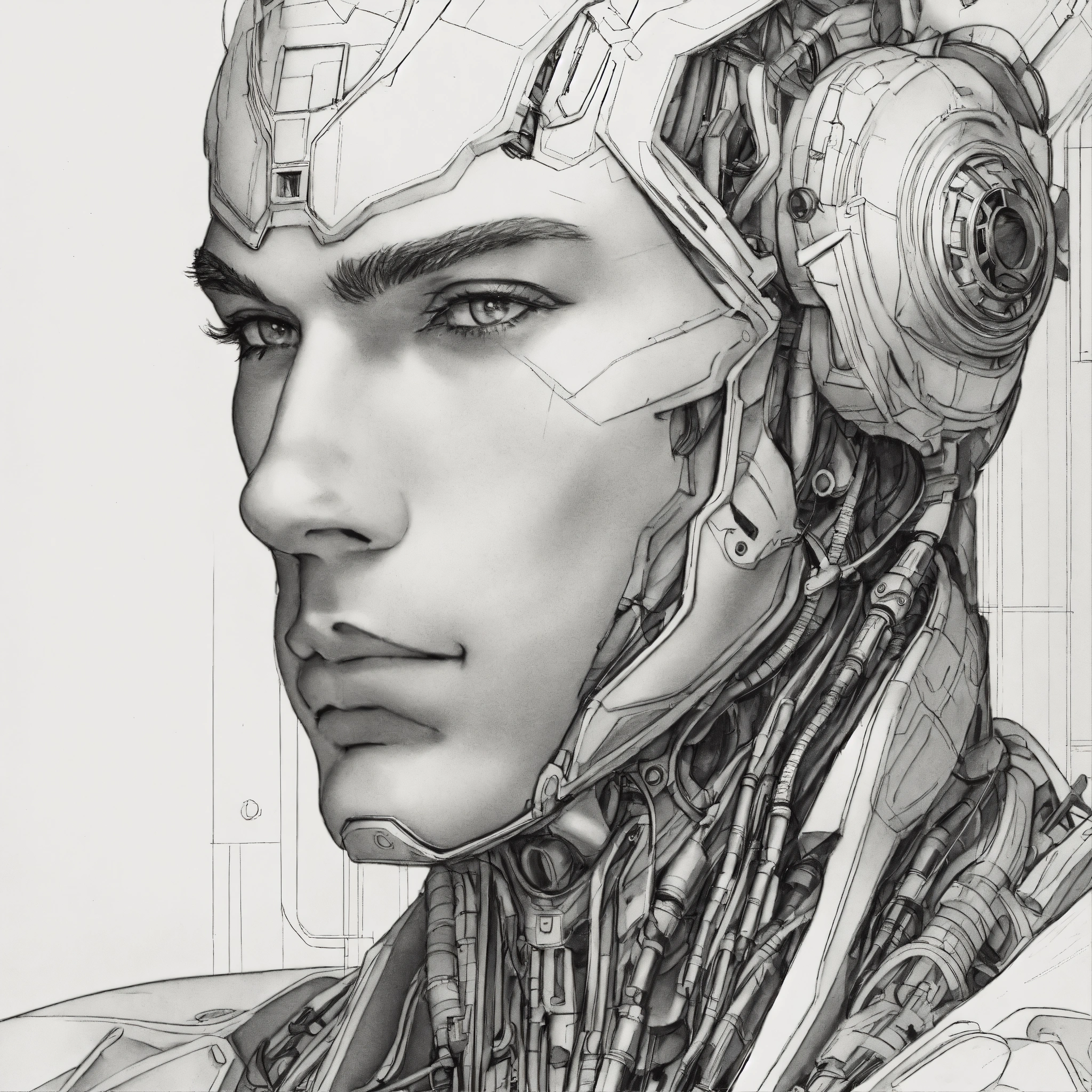 Lexica - Line drawing, enchanted male cyborg, close up face, straight ...