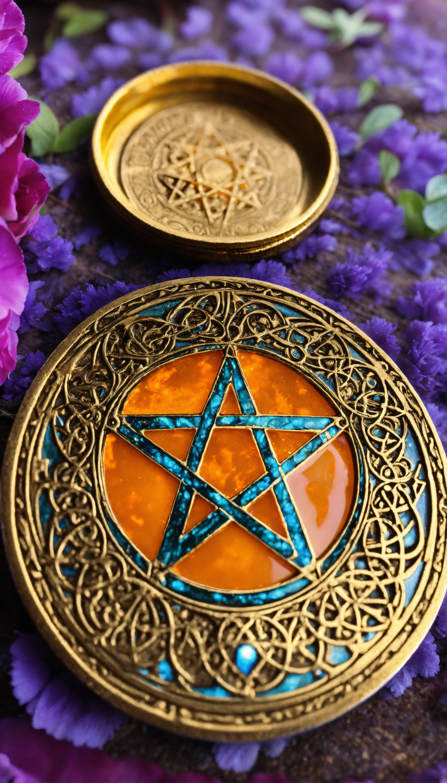 Lexica - Art Nouveau tarot orange glowing large pentacle coin