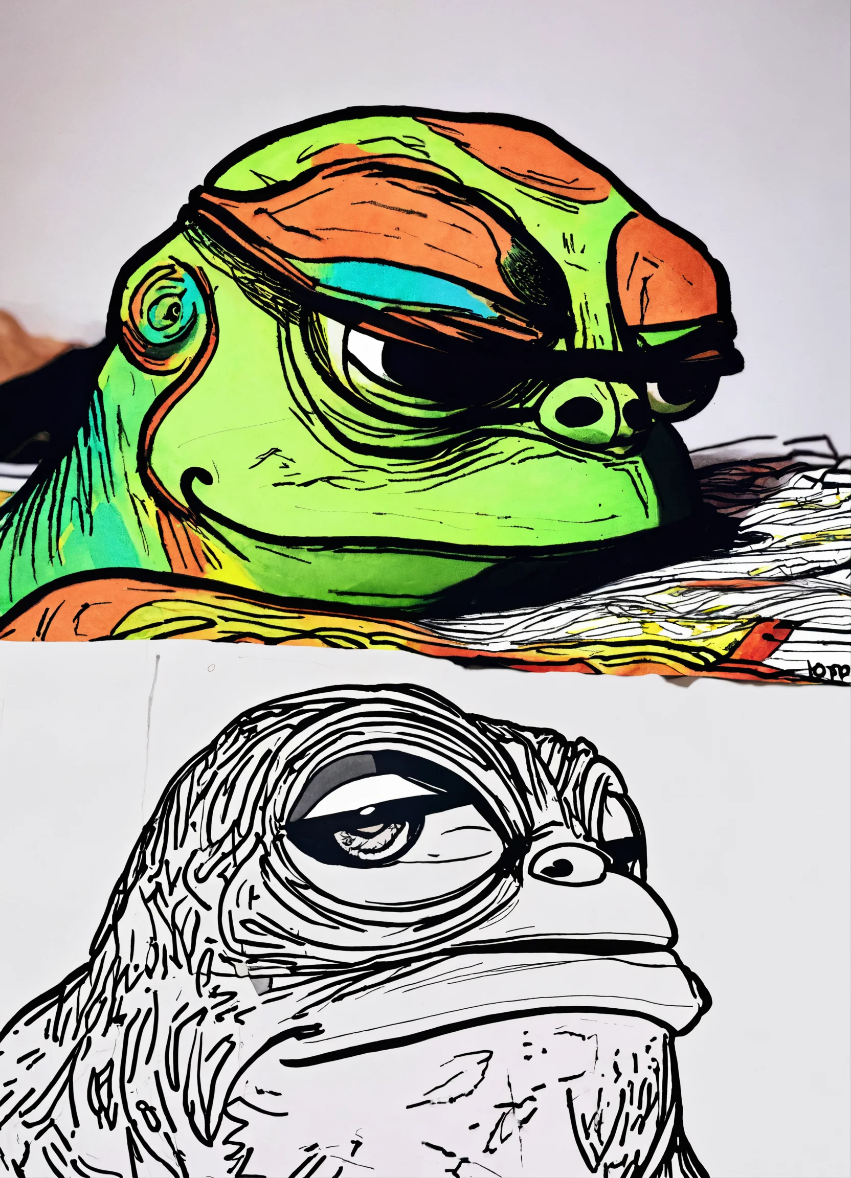 Lexica - Borpa the meme, bad drawn pepe the meme, head bent over on right