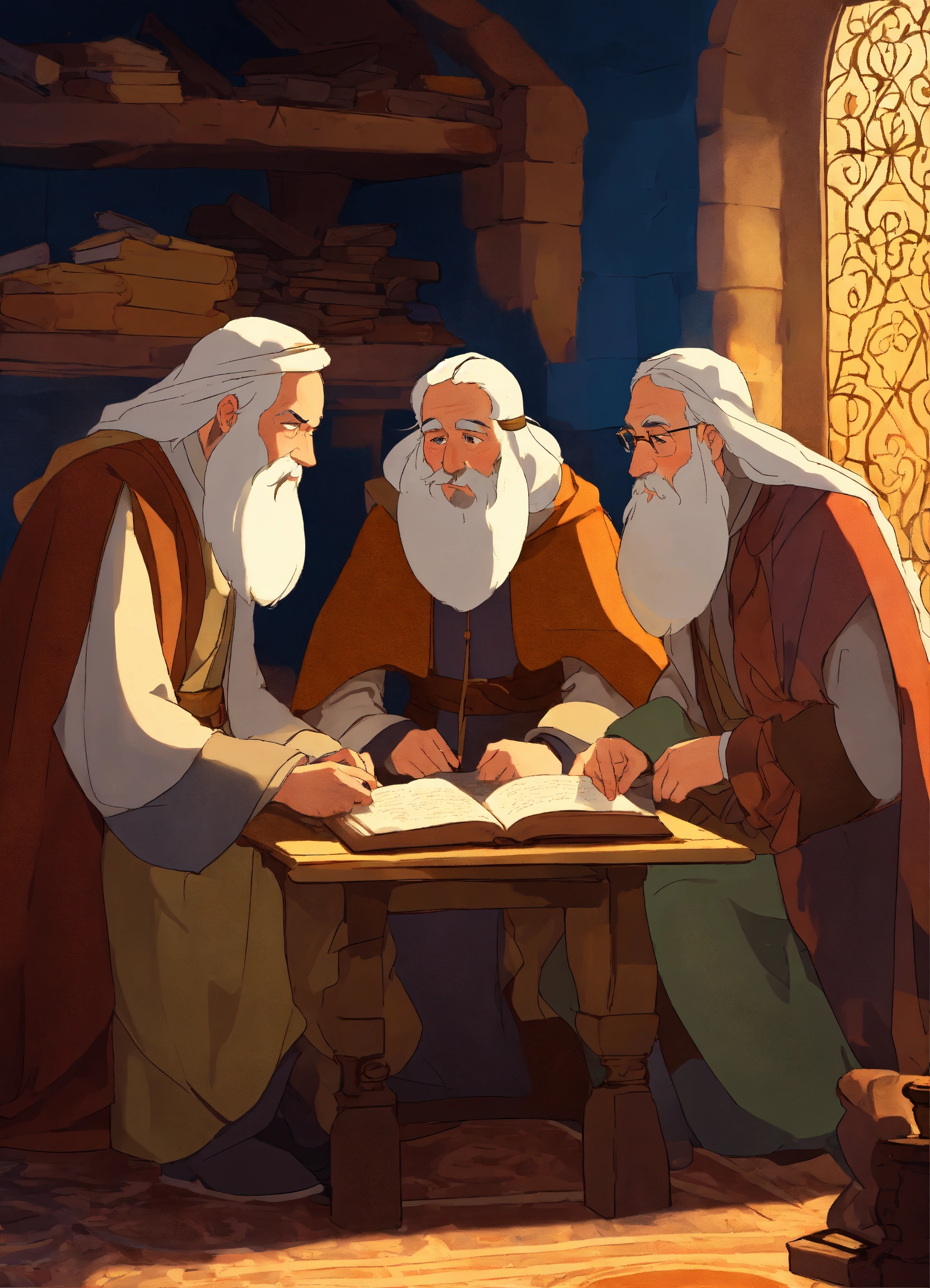 Lexica - Three Jews from the Middle Ages, righteous, sitting at a long ...