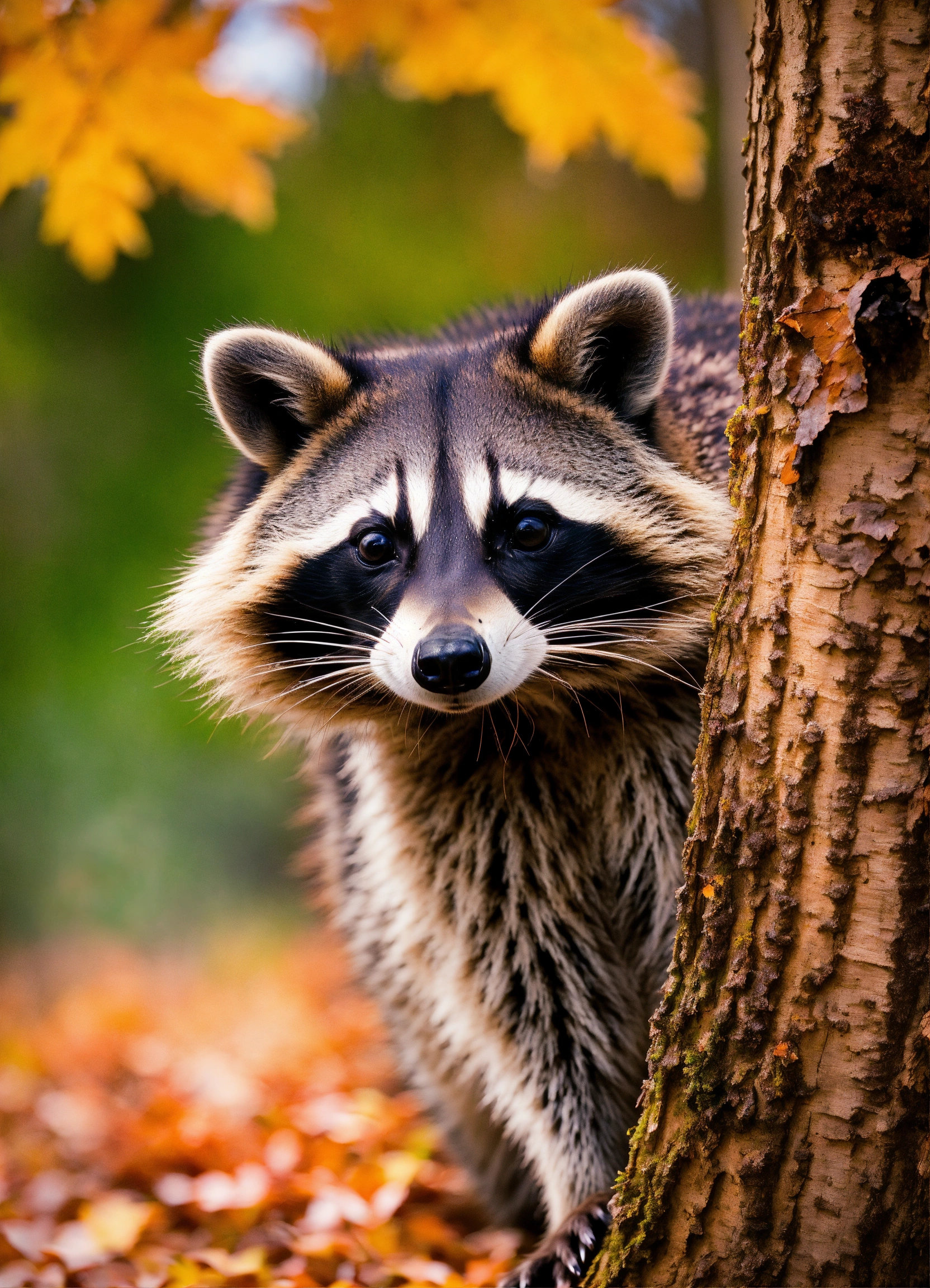 Lexica - A photograph of a raccoon enjoying the fall season, life-like