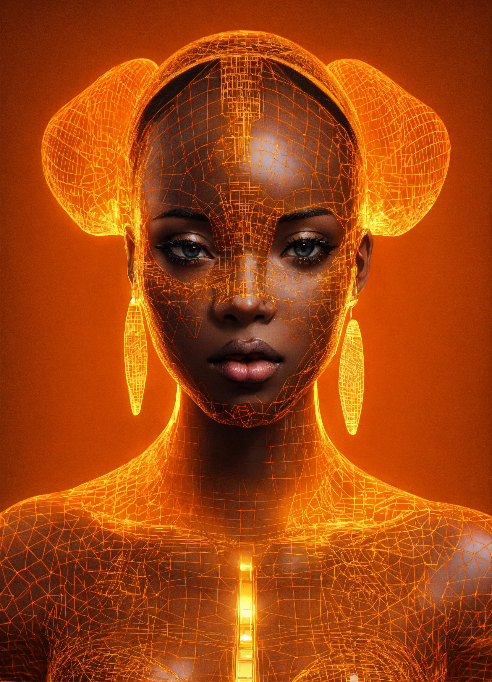 Lexica - Orange African female wireframe hologram