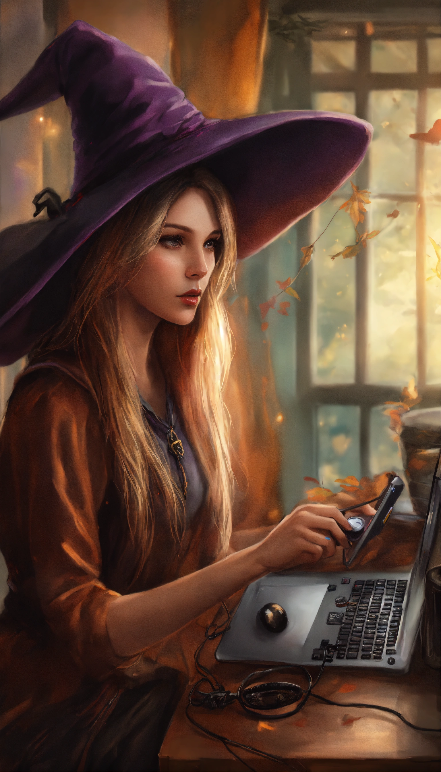 Lexica - Drawing witch on the phone on her computer realistic