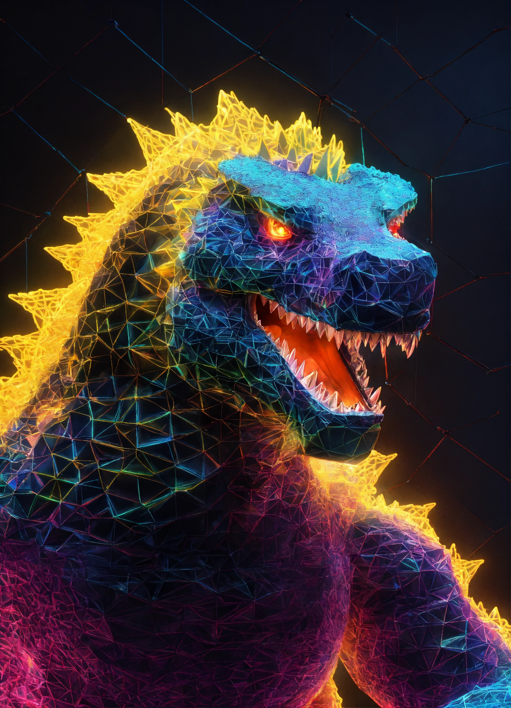 Lexica - Digital wire neon Frame Godzilla polygon with small eyes 3d ...