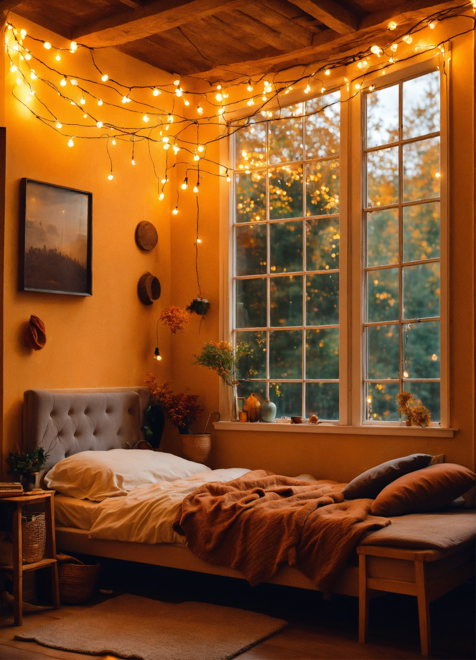 Lexica Beautiful cozy whimsical fall room with fairy lights, windows
