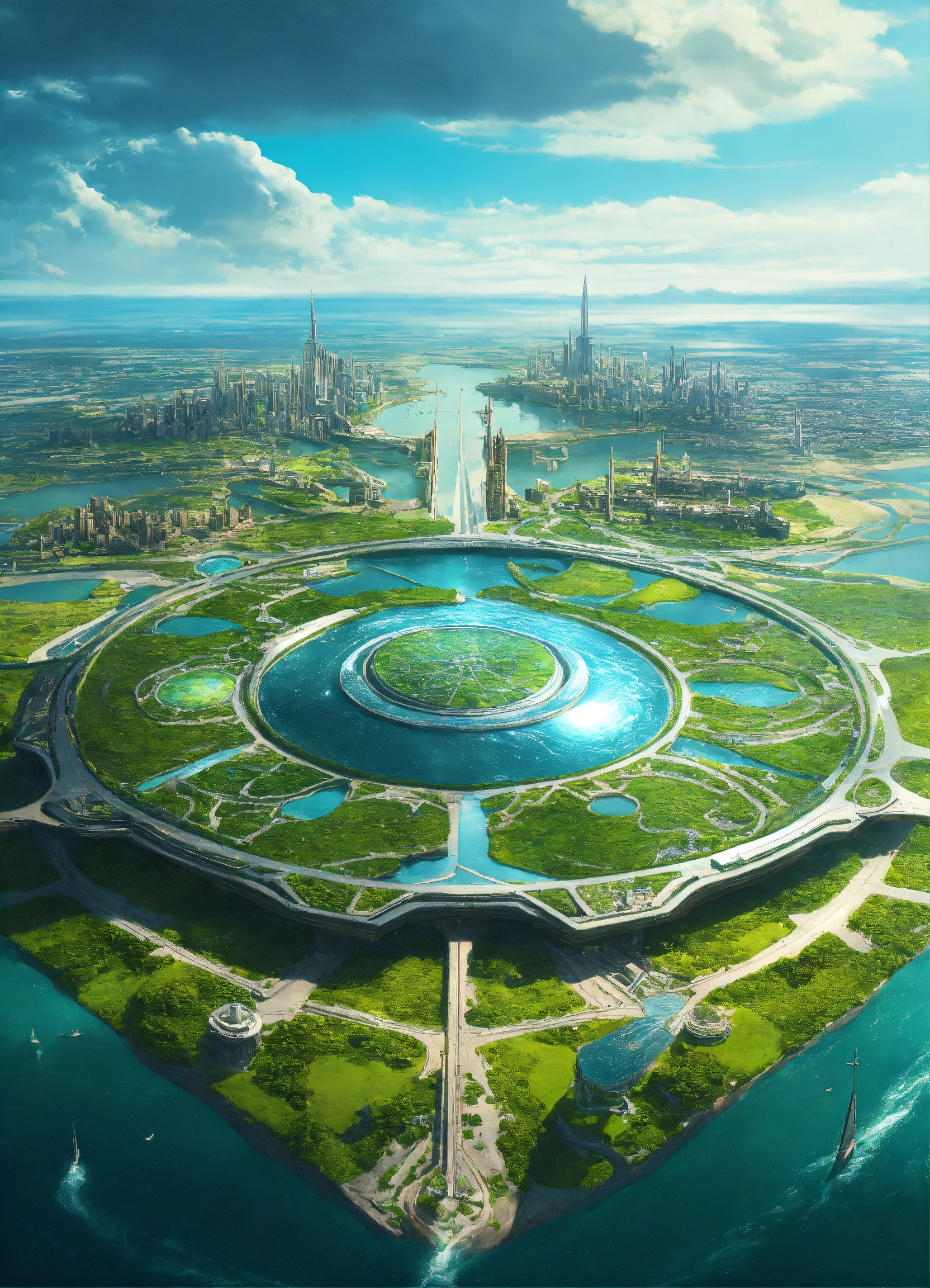 Lexica - Futuristic city surrounded by a large ring of water. . the ...