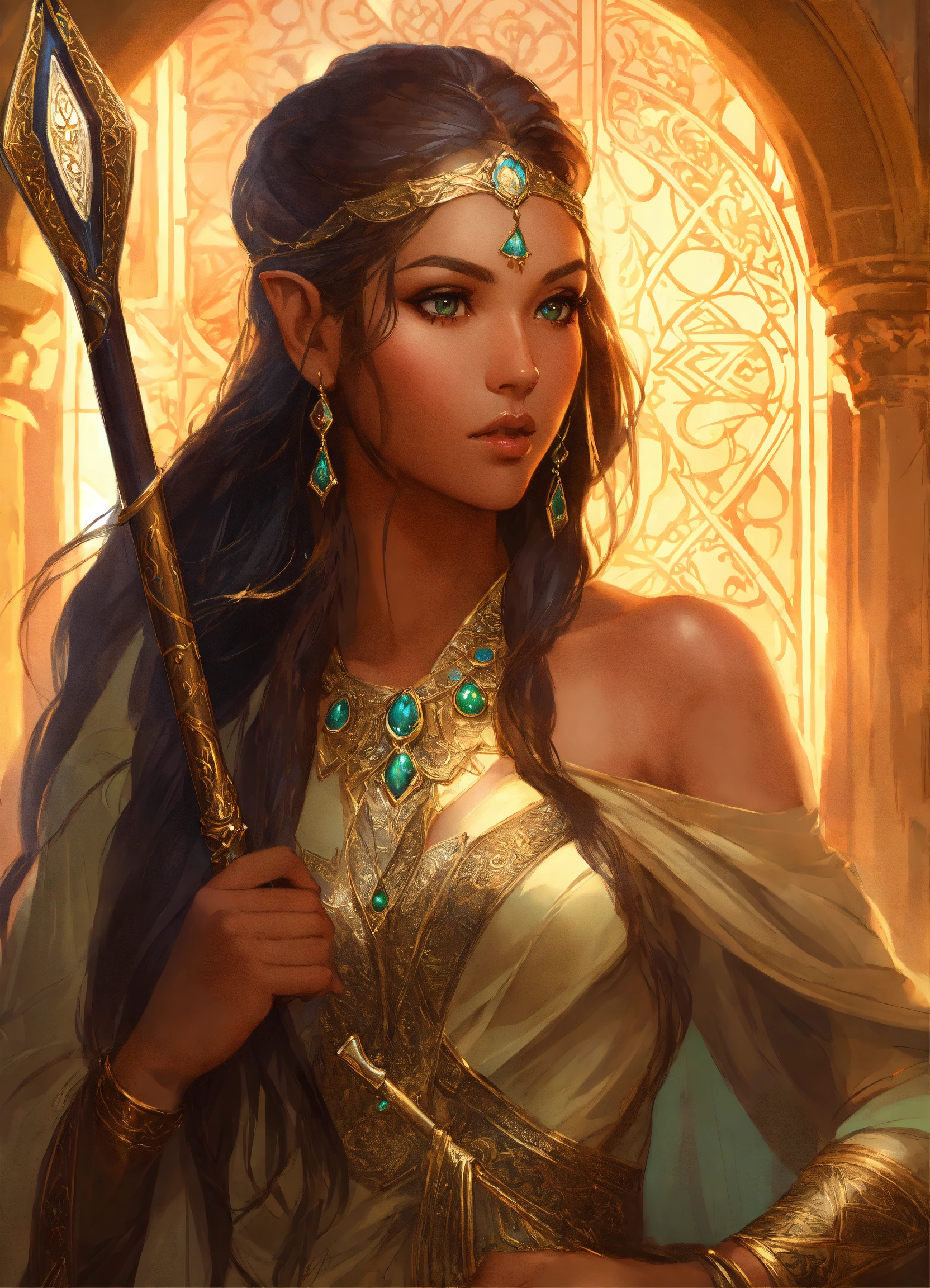 Lexica Beautiful Turkish female Elf wizard with magical staff, high cheekbones, full body