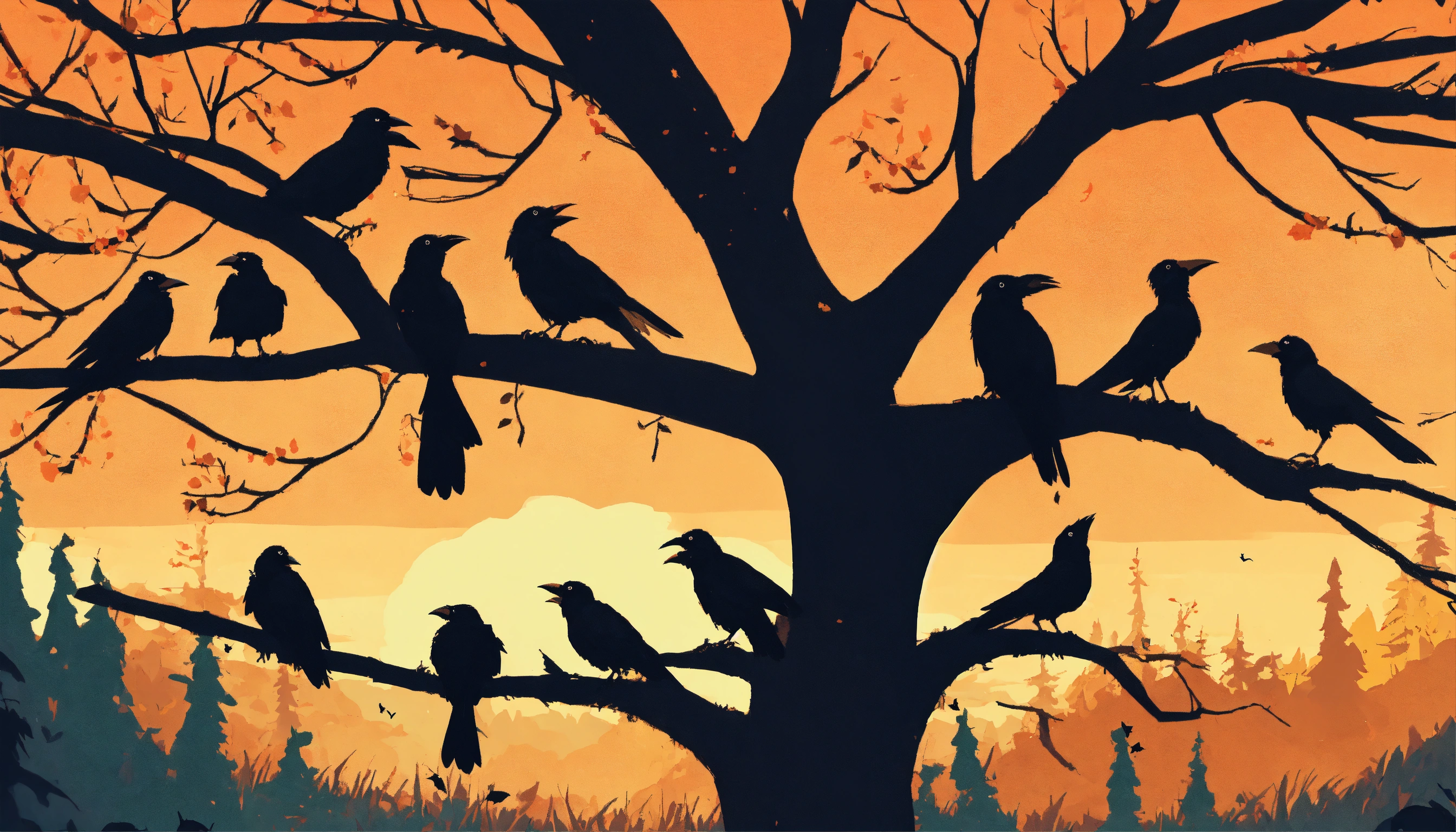 lexica-a-bunch-of-crows-are-cawing-on-a-tree-in-the-forest-cartoon