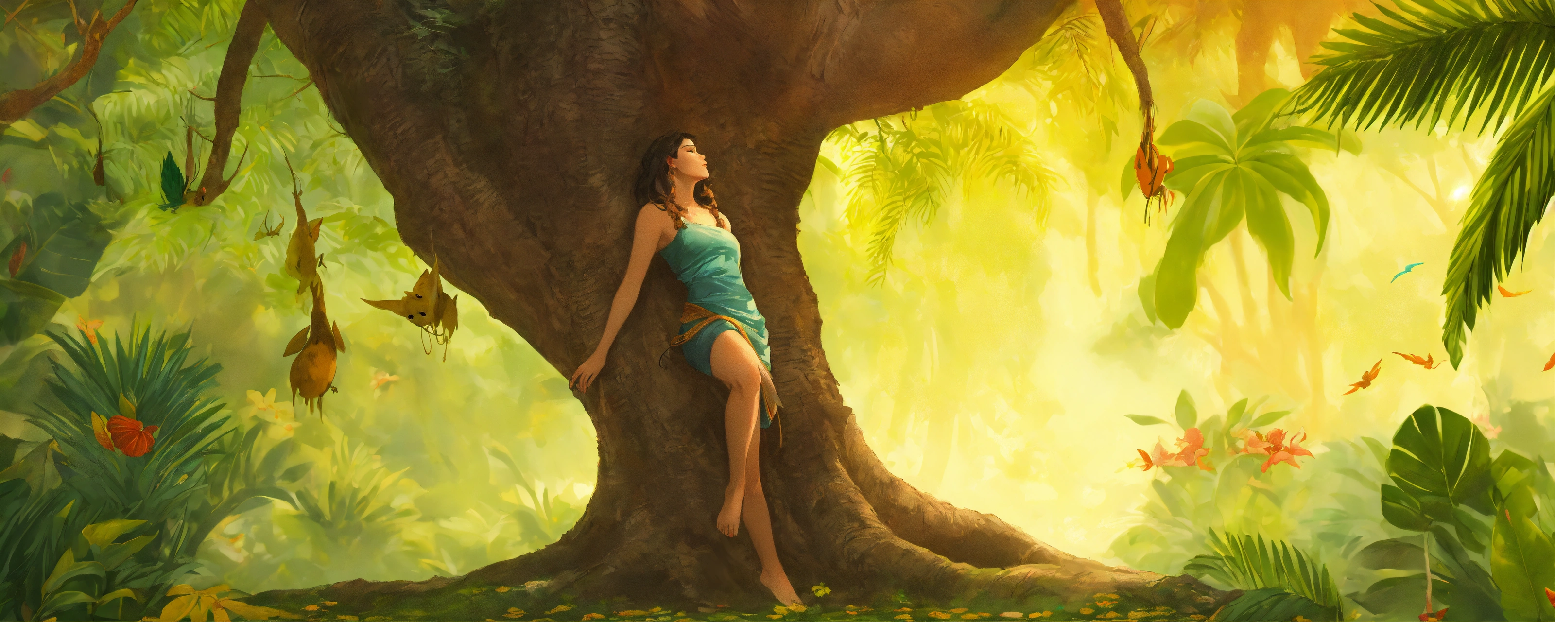 Lexica - A woman whose legs turn into the trunk of a tropical tree, her ...