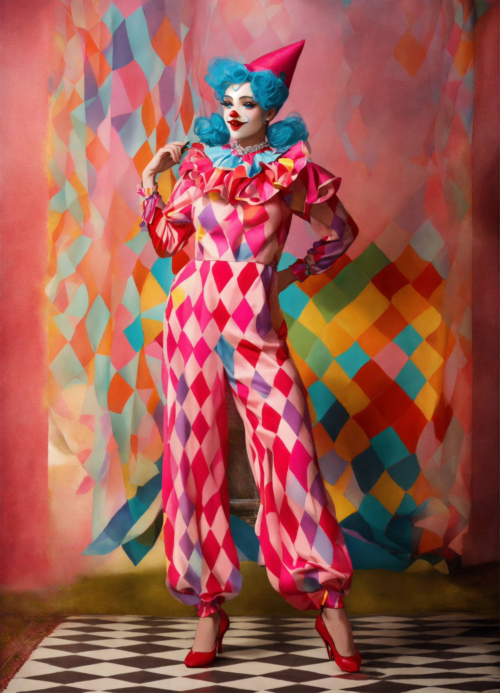 Lexica - Pink colorful vintage harlequin clown with diamond pattern ...