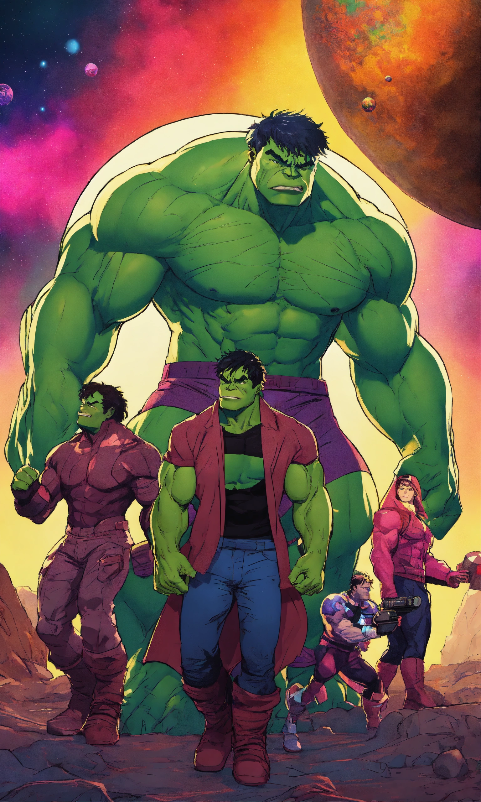 Lexica - Five Hulk together In Multiverse, colorful background, 2D ...