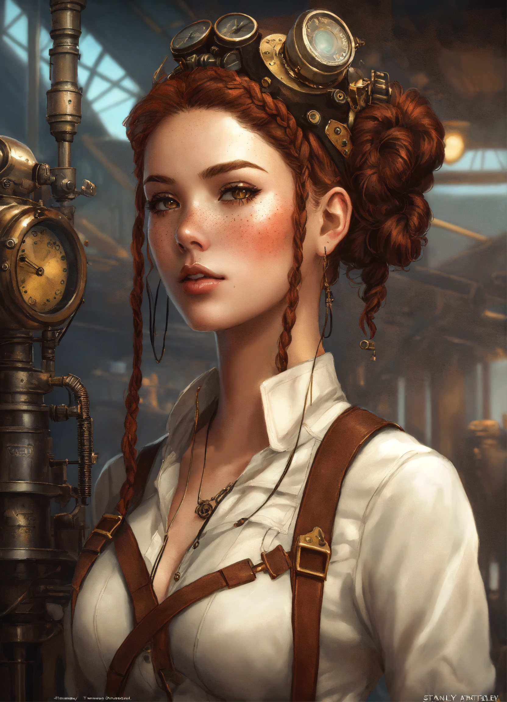 Lexica - Full body shot of a steampunk Girl freckled,two braids in her ...