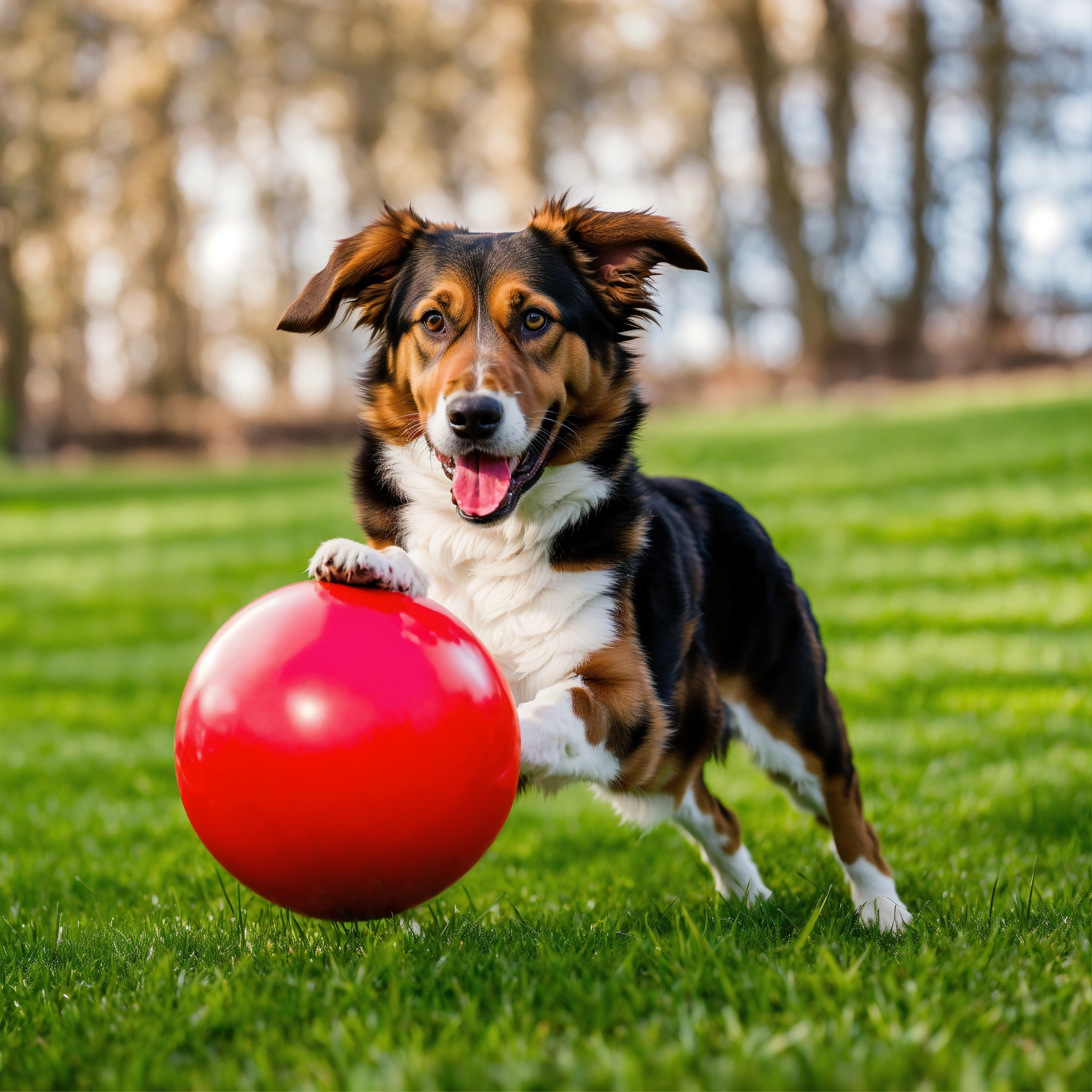 Lexica - A photo of a dog playing with a red ball. The dog is happy and ...