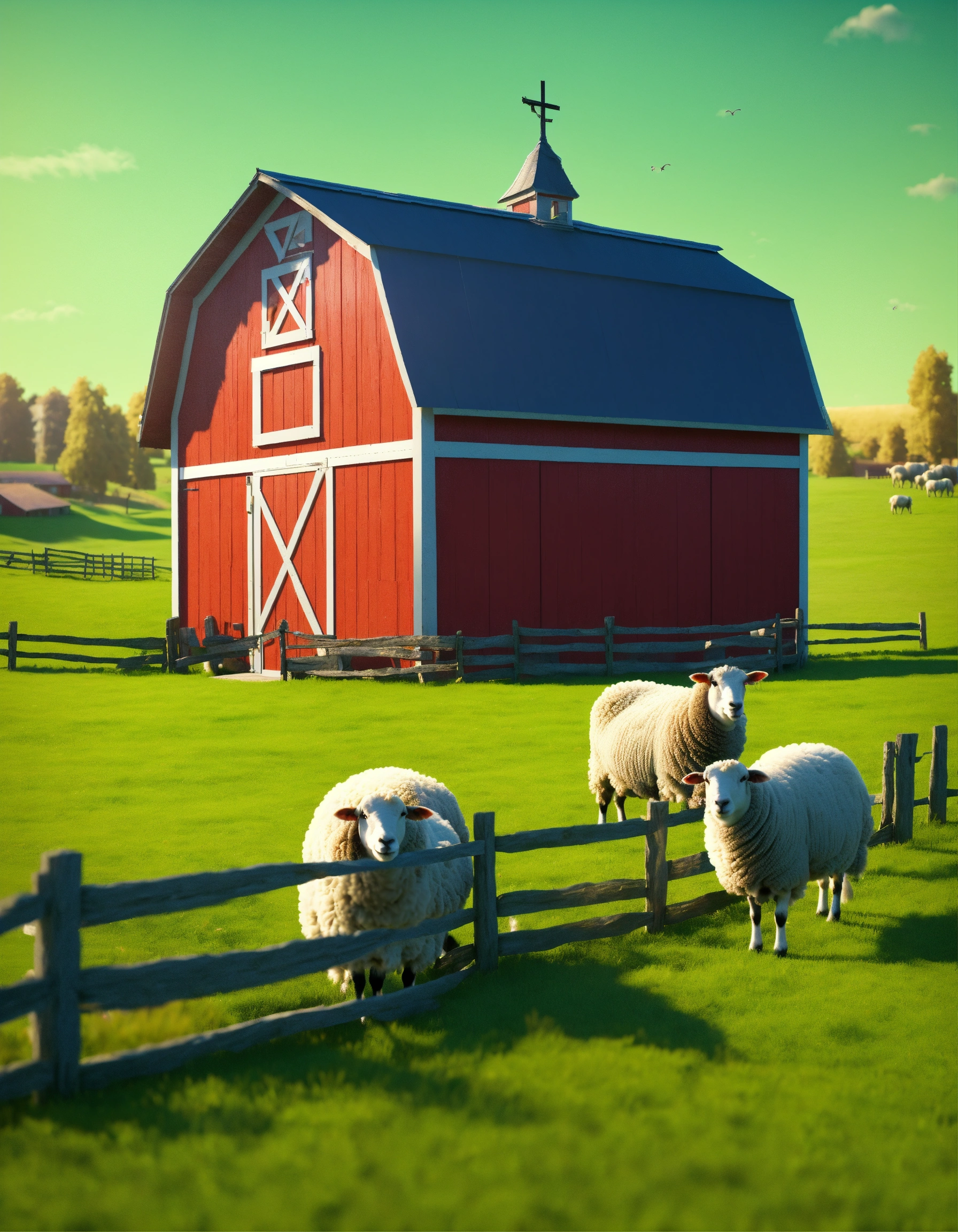 Lexica - Red barn with open door on green grass in village 3d render ...
