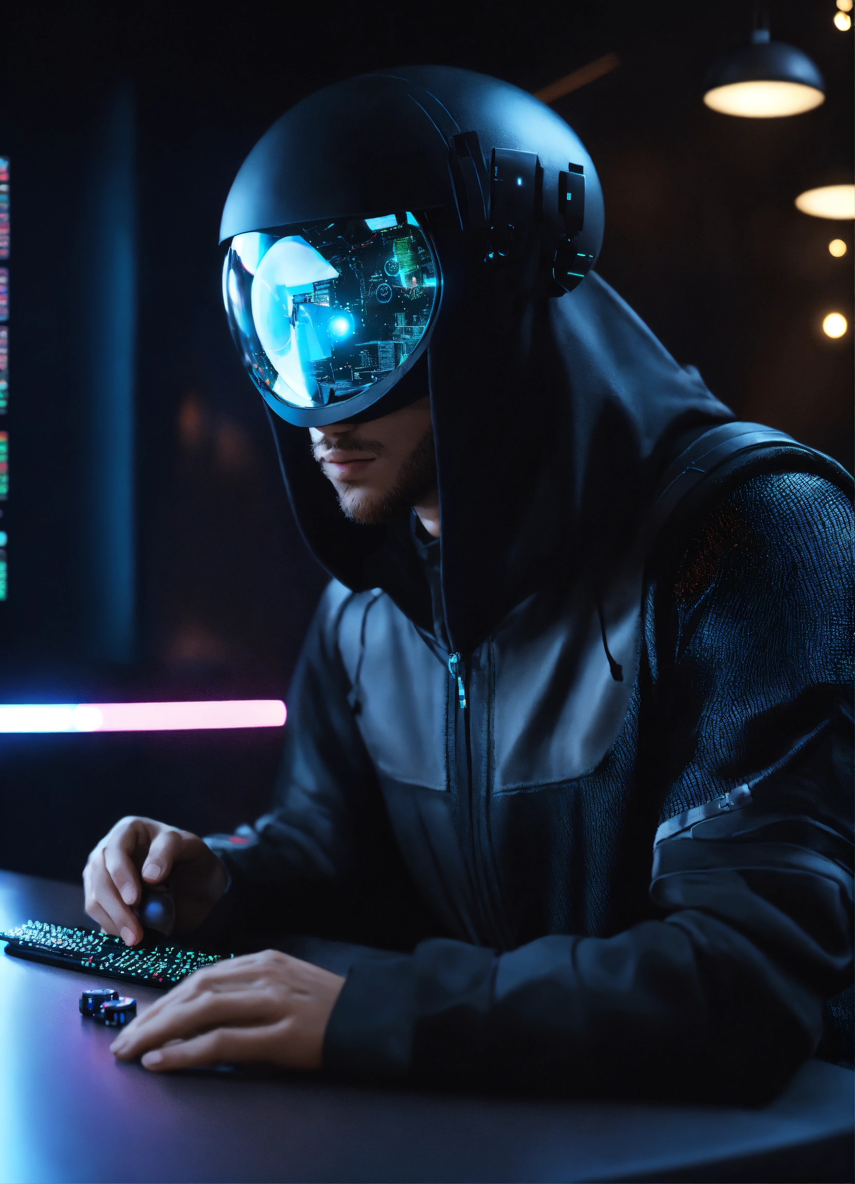 Lexica - Nerdy 25 year old male hacker wearing futuristic black ...