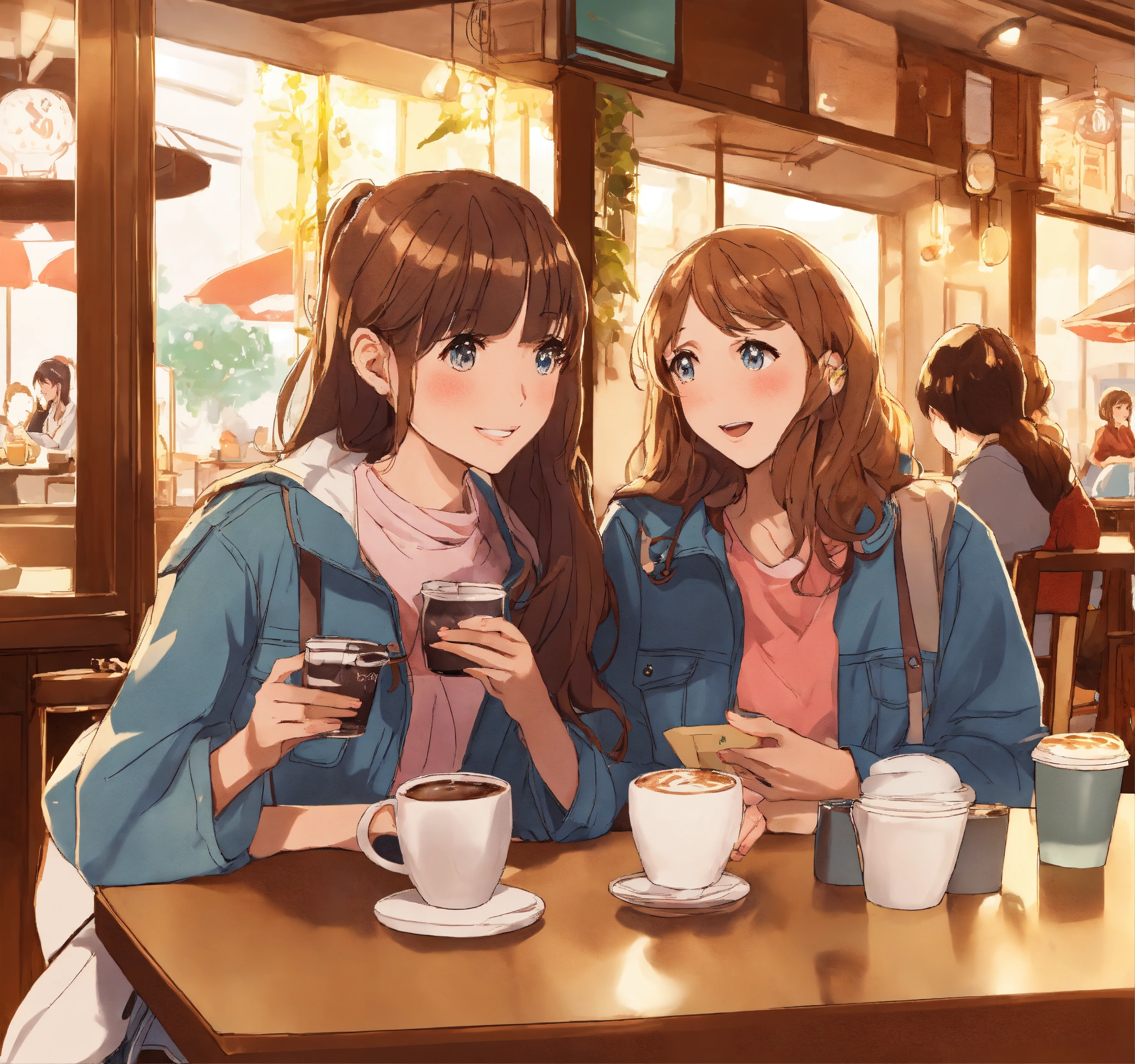 Lexica - Amigas conversando tomando café en la cafetería con teléfono anime