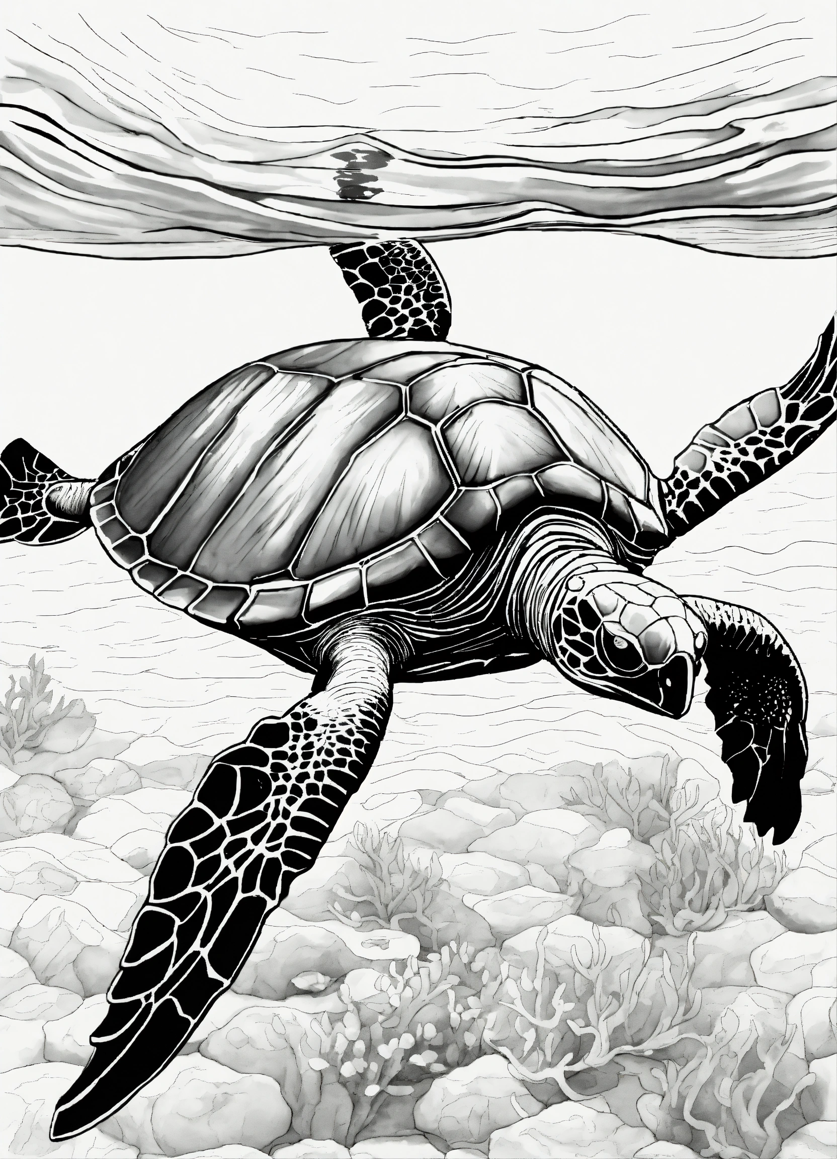 Lexica - Olive Ridley Sea Turtle in the sea, realistic art, line art ...