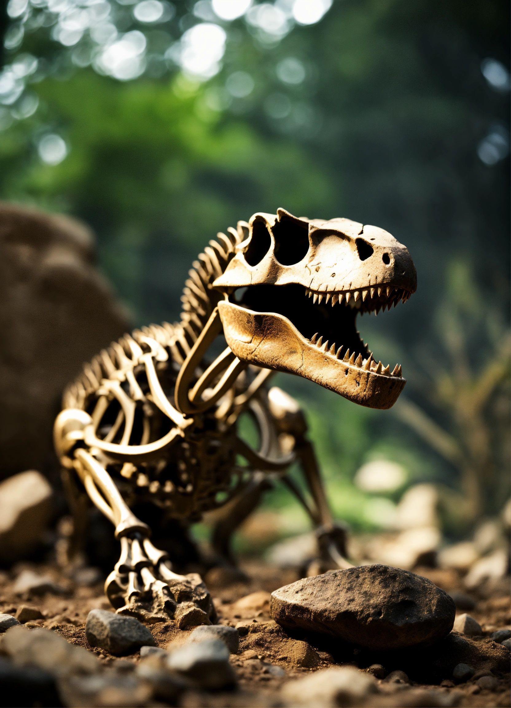 Lexica An skeleton of a tyrannosaur dinosaur in ground stones, fossil