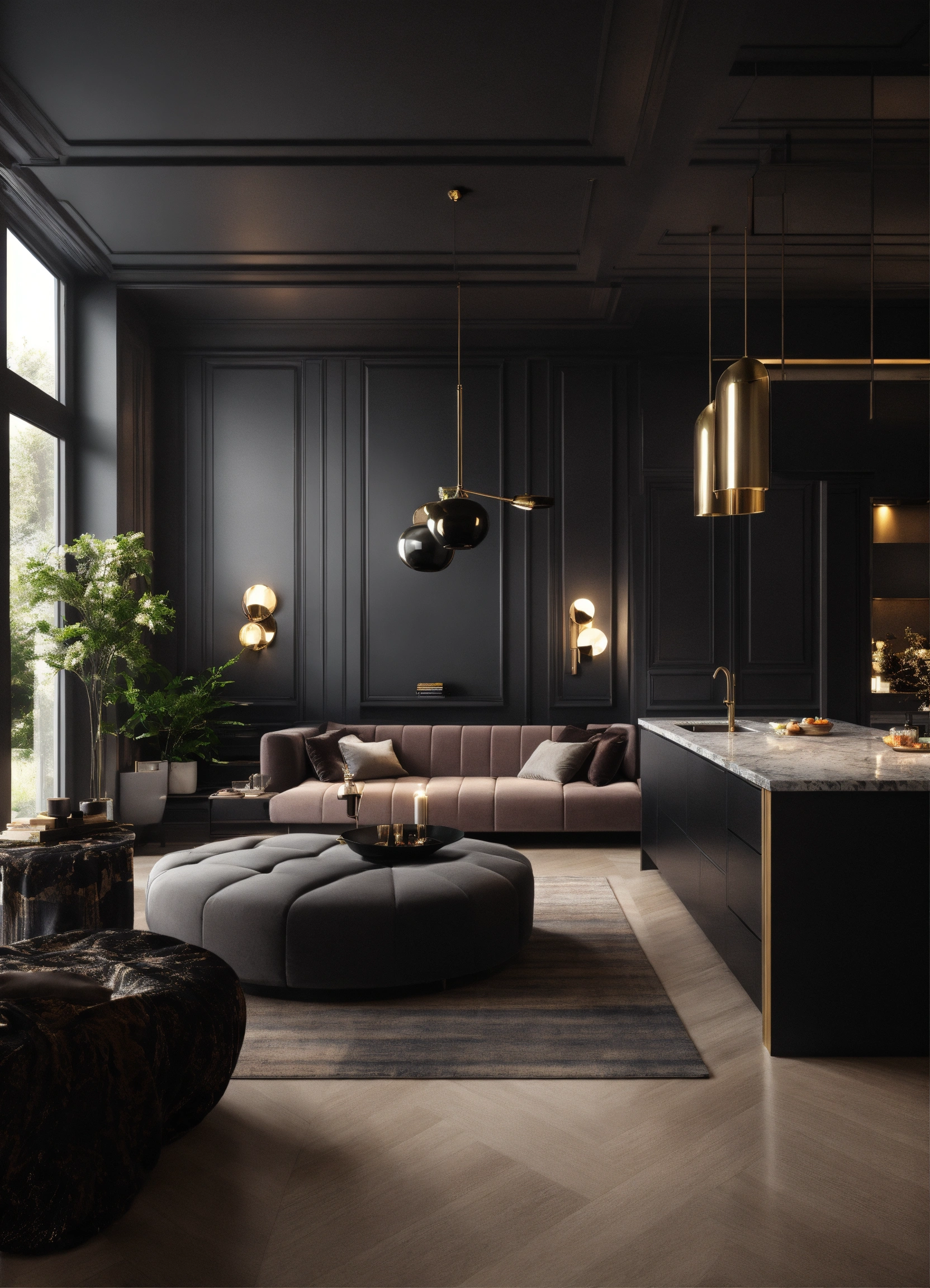 Lexica - Black interior design for a bedroom, living room and a kitchen