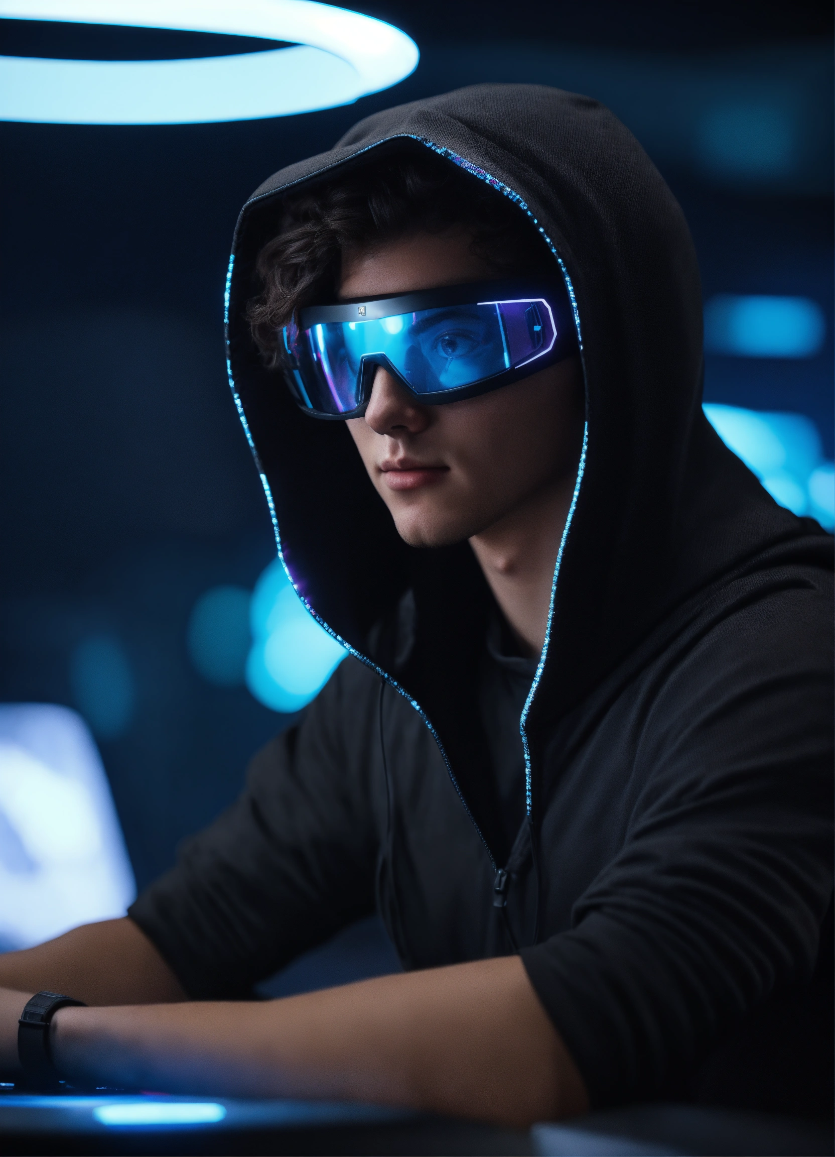 Lexica - Nerdy 22 year old male hacker wearing hi-tech tinted visor ...