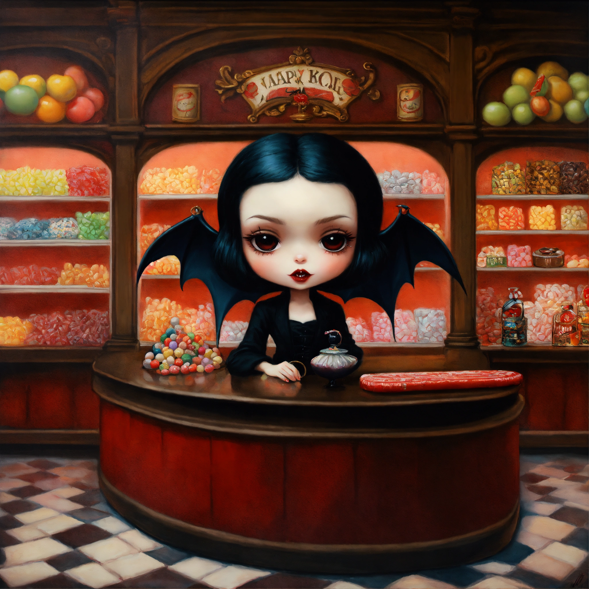 Lexica - A vampire girl ride a bat, black hair,in a candy shop oil ...