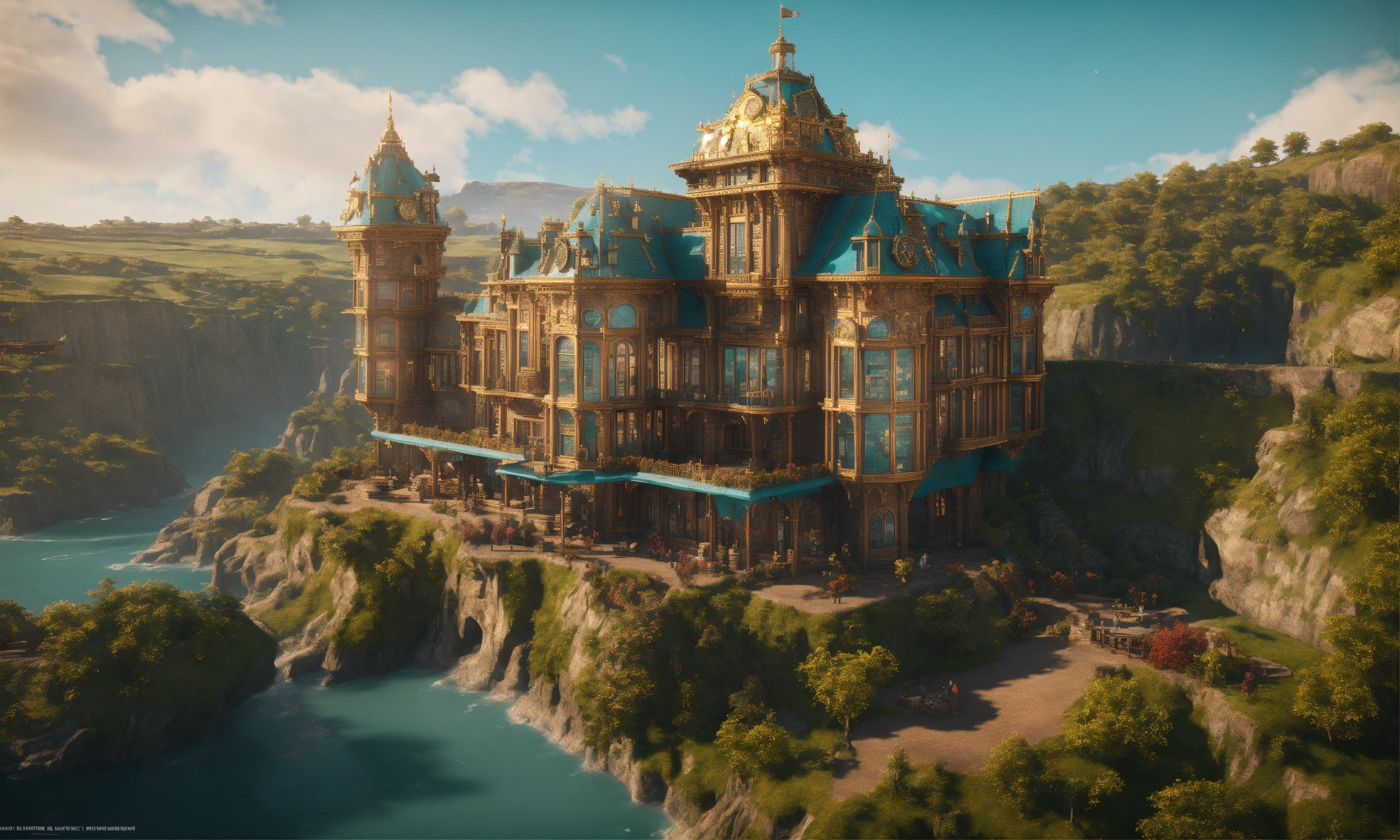 Lexica - Full image of a massive teal and bronze steampunk palace on a ...