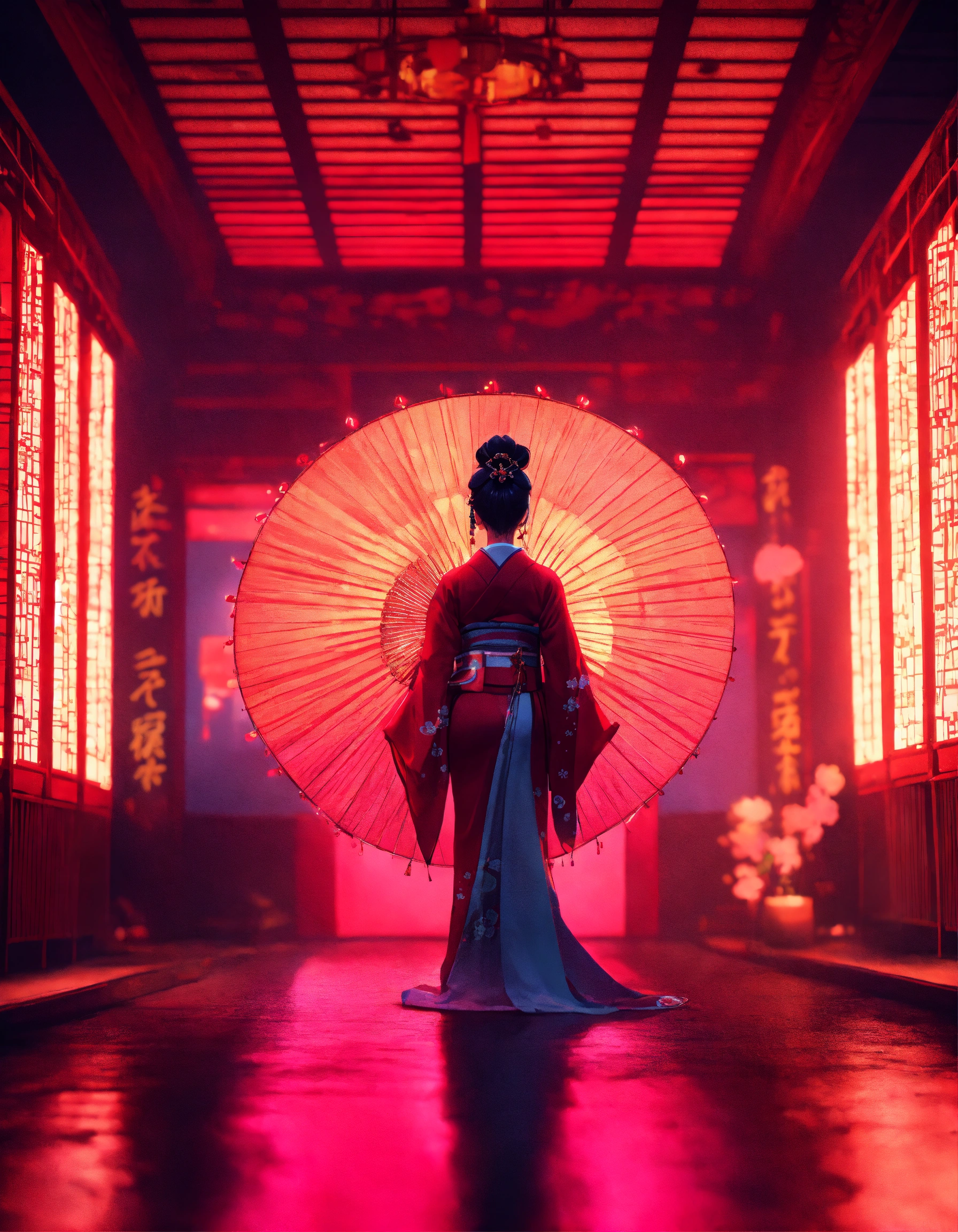Lexica - Neon-lit environment with god rays, geisha dancer, 8K ...