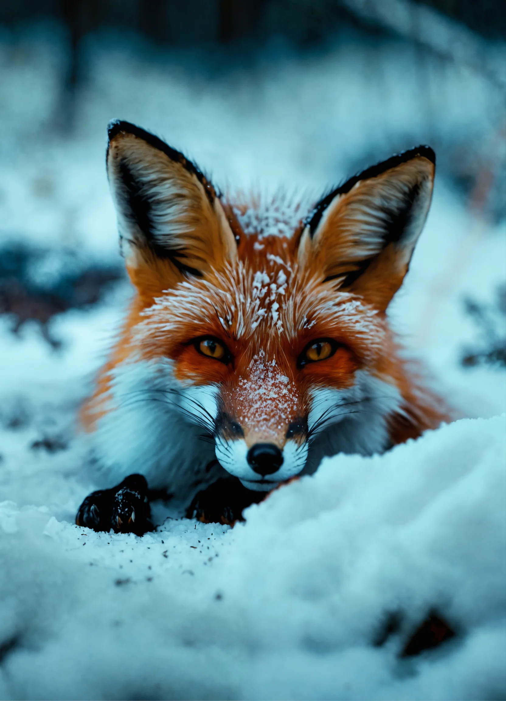 Lexica - The fox lies in the snow. Night in the forest. Severe frost ...