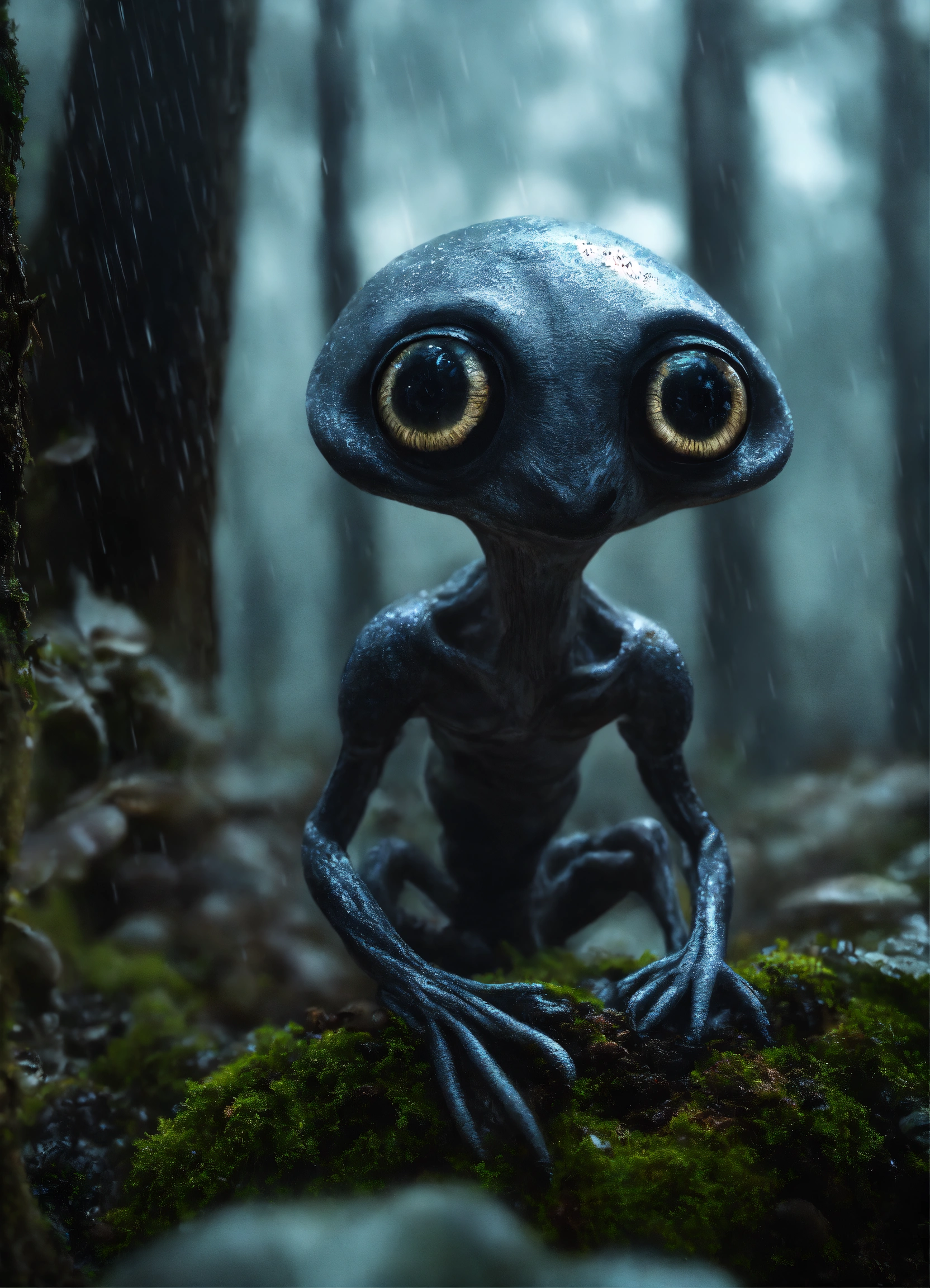 Lexica - A realiste grey alien , big eyes blacks , mushrooms in trees ...